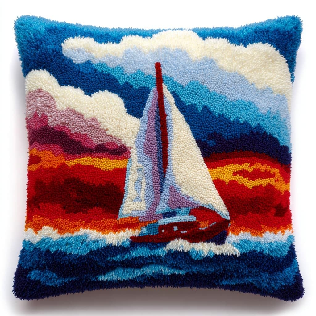 Taxpy Latch Hook Cushion Kits, Sailboats at sea Latch Hook Pillow Case Kits Embroidery Kit Carpet Set 43x43cm, DIY Needlework Pillow Cover Sofa Cushion Rug Making Kit