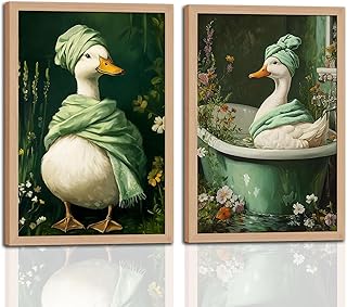 2Pcs wooden Framed Spa Duck Wall Art Canvas Prints, Cute Duck Bathroom Décor with Bathtub & Towel, Vintage Green Aesthetic Picture for Bathroom, Laundry Room, Bedroom Home Wall 16x24in