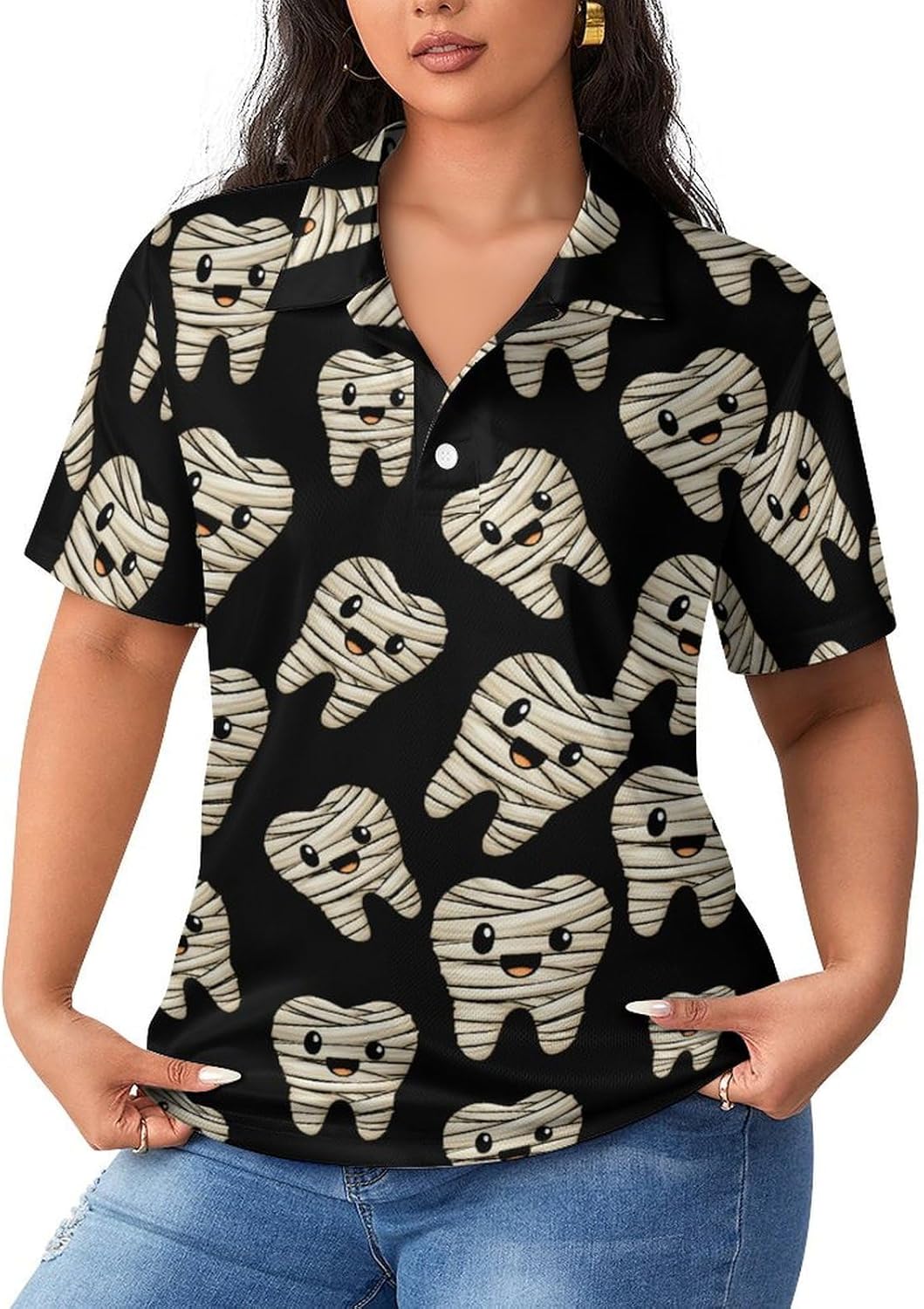 Cute Mummy Tooth Dentist Halloween Dentistry Women's Golf Polo Shirts Short Sleeve Quick Dry Tennis Tops Casual Work Blouses