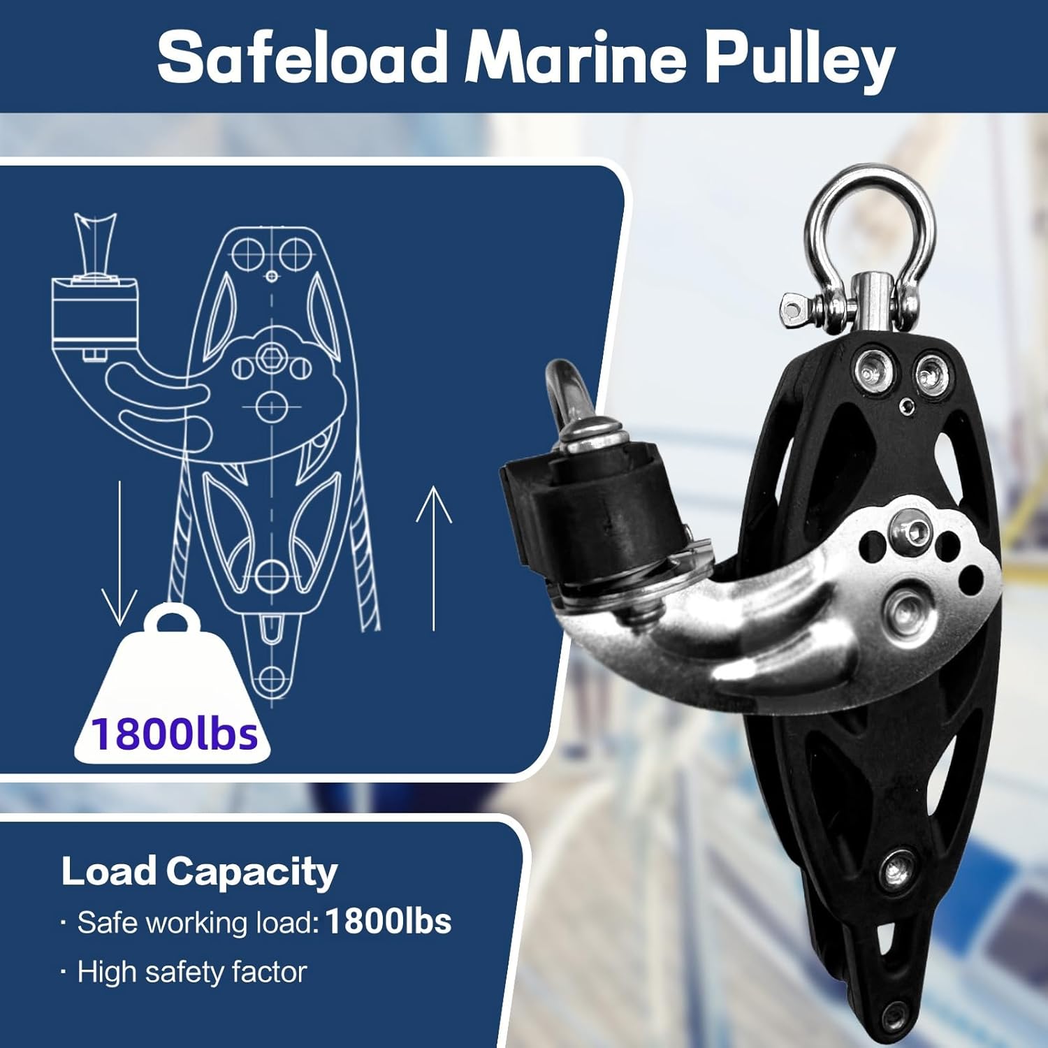 35mm Single Swivel Becket Adjustable Cam Block, Marine Grade T316 & Aluminum Construction,1800 lbs Load Capacity, Fits 5/16" Line - Sailing Pulley for Sheets and Control Lines-HL003