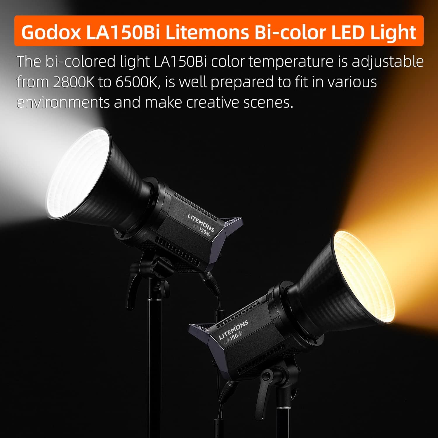 GODOX LA150Bi Bi-Color LED Video Light 190W 2800K-6500K 0%-100% Brightness Adjustment CRI96 TLCI97 Bluetooth APP Control Bowens Mount Suitable for Interview, Live Broadcast, Portrait, Video Shooting