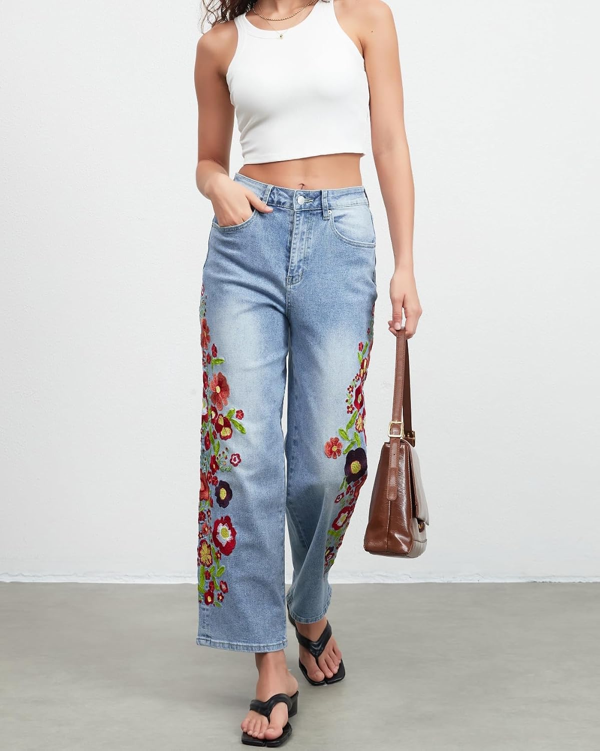 EZAPINE Straight Leg Cropped Jeans for Women Trendy Mid Rise Floral Print Boho Casual Denim Ankle Pants image 3
