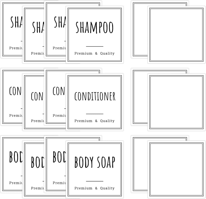 Segbeauty Waterproof Label Stickers, 12 Pieces Pre-Printed Labels with Shampoo, Conditioner, Body Soap for Soap Dispenser and 6 Pieces Blank for Manuscripts, for Bath, 6 x 6 cm
