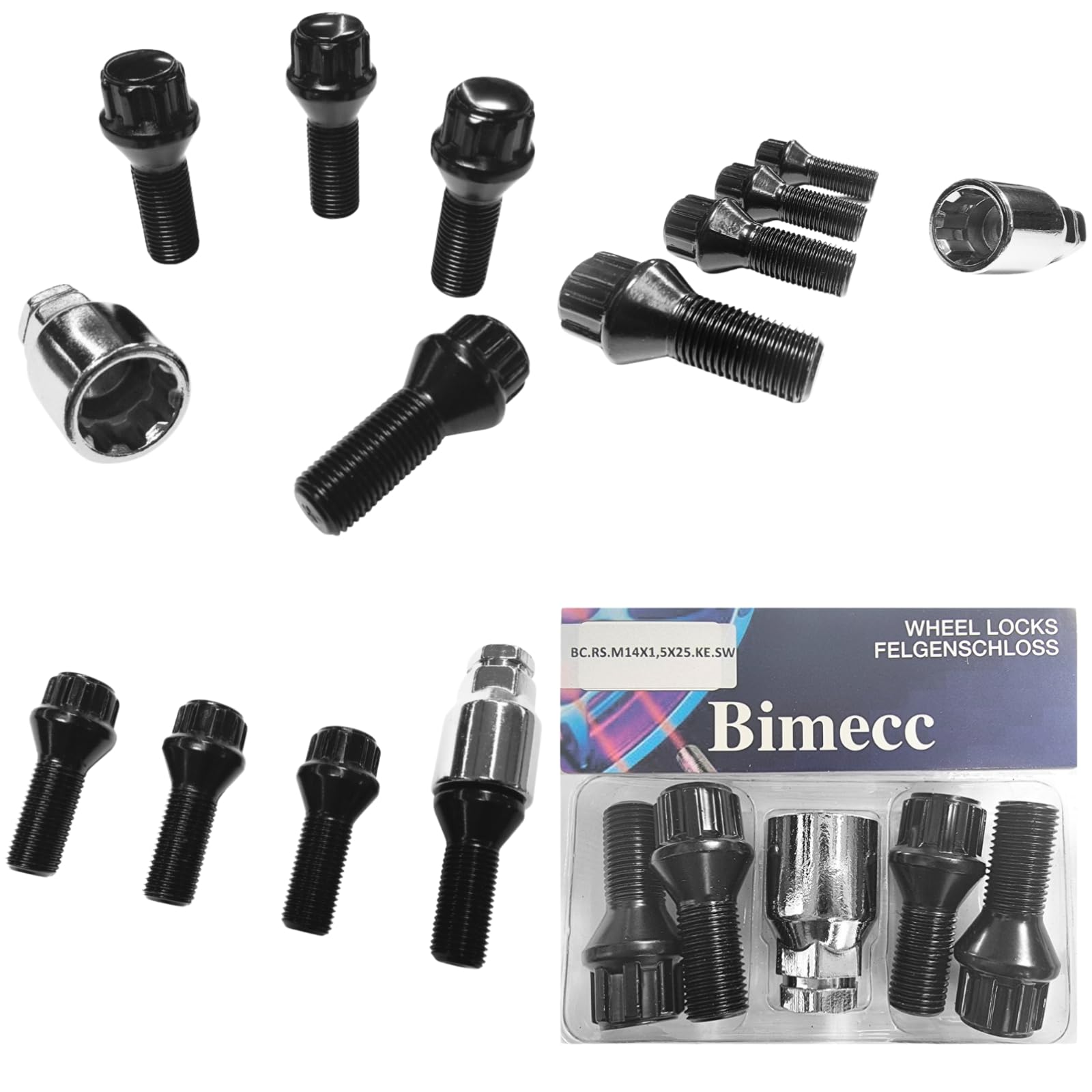 Blokada do felg M14 x 1,5 x 25 mm, taśma stożkowa 60°, kompatybilna z Alfa Romeo Citroen Fiat Lancia Maserati MG Peugeot Renault Rover SsangYong, 4 x czarne zamki do felg, zabezpieczenie kół, śruby do