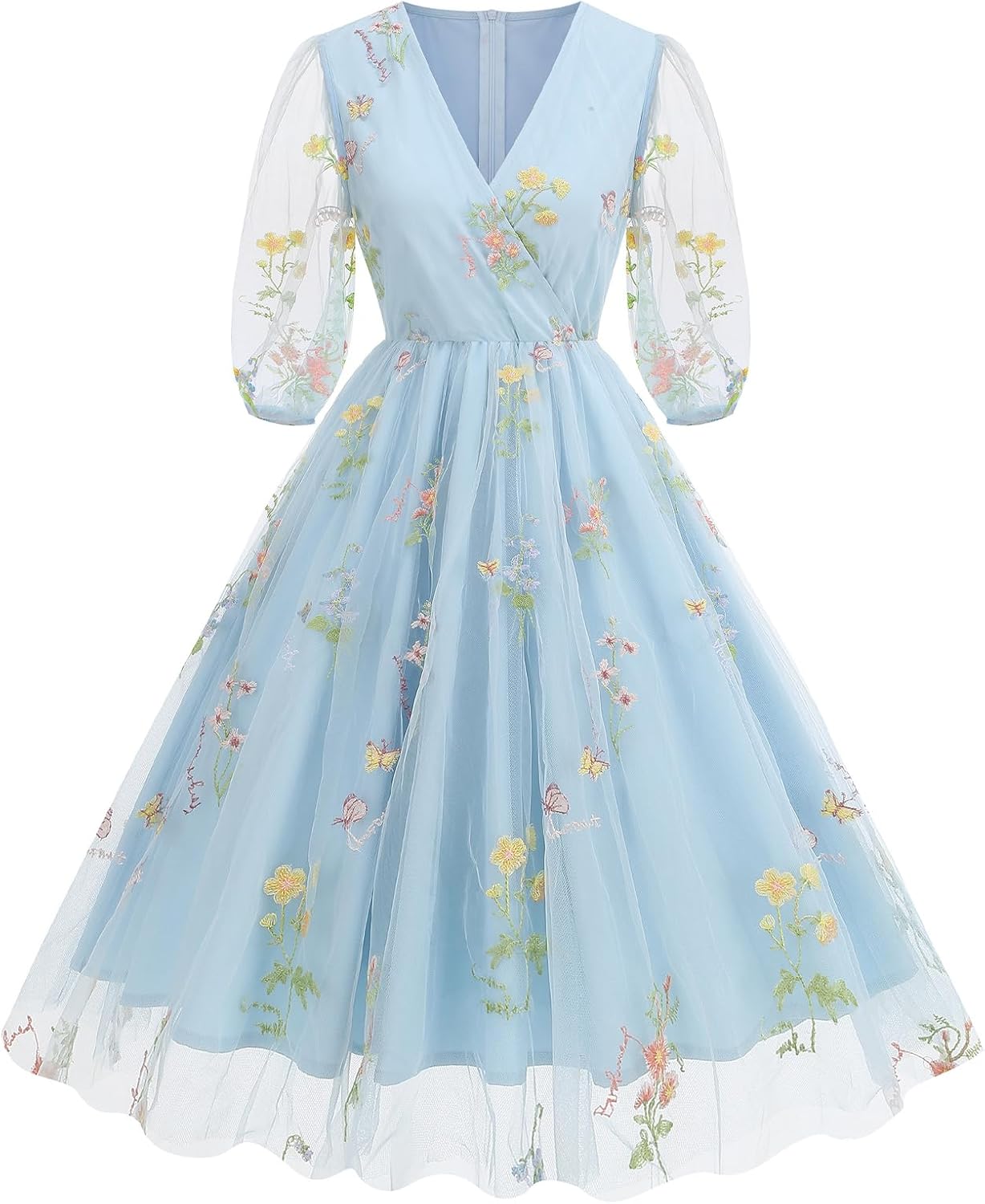 Women Half Sleeve Flower Embroidery Tulle Prom Dress Formal Party Gown Wrap V Neck Flare A Line Wedding Guest Cocktail Dress