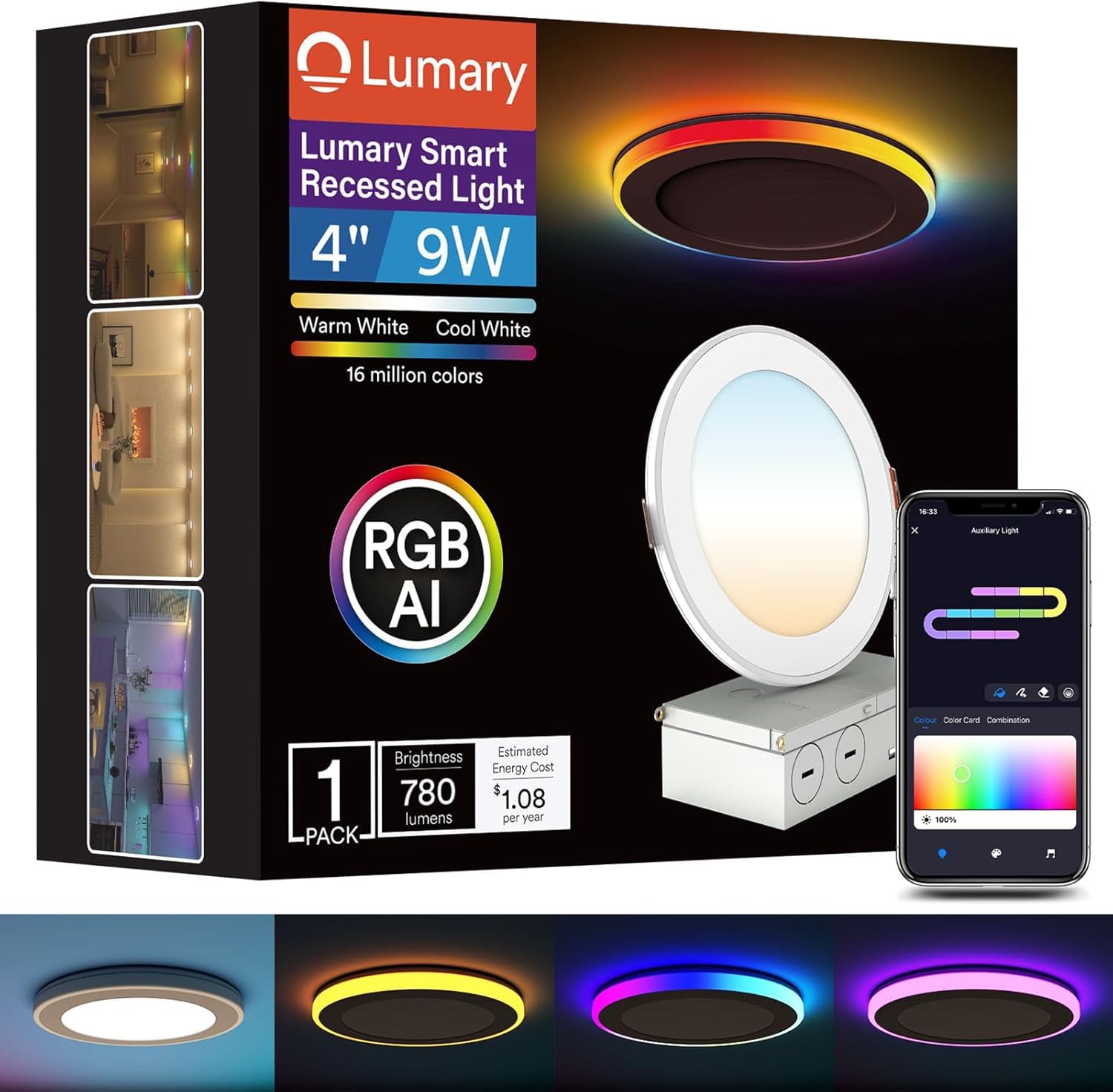 Lumary RGBAI Smart Recessed Lighting 4 Inch with Gradient Accent and Night Ring, 9W 780LM WiFi Canless Wafer Downlight with Junction Box, LED Downlight Work with Alexa/Google Assistant/Siri, 1PCS Lumary RGBAI Smart Recessed Lighting 4 Inch with Gradient Accent and Night Ring, 9W 780LM WiFi Canless Wafer Downlight with Junction Box, LED Downlight Work with Alexa/Google Assistant/Siri, 1PCS