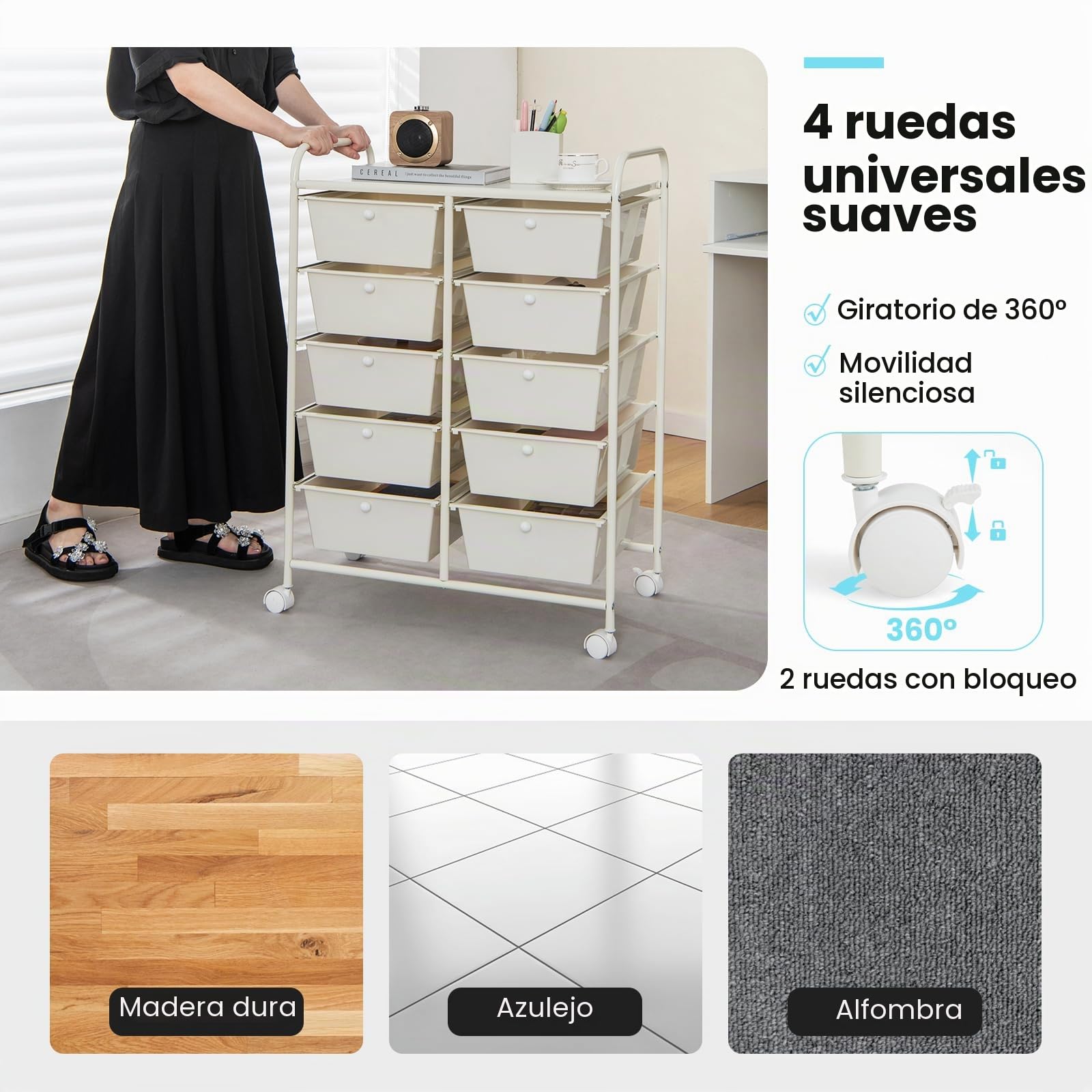 GIANTEX Carro de Almacenamiento con 10 Cajones Plásticos, Cajonera con 4 Ruedas 360°, 2 Bloqueables, 65,5 x 37 x 87 cm, Carrito Auxiliar para Salón, Dormitorio, Cocina, Baño (Blanco)