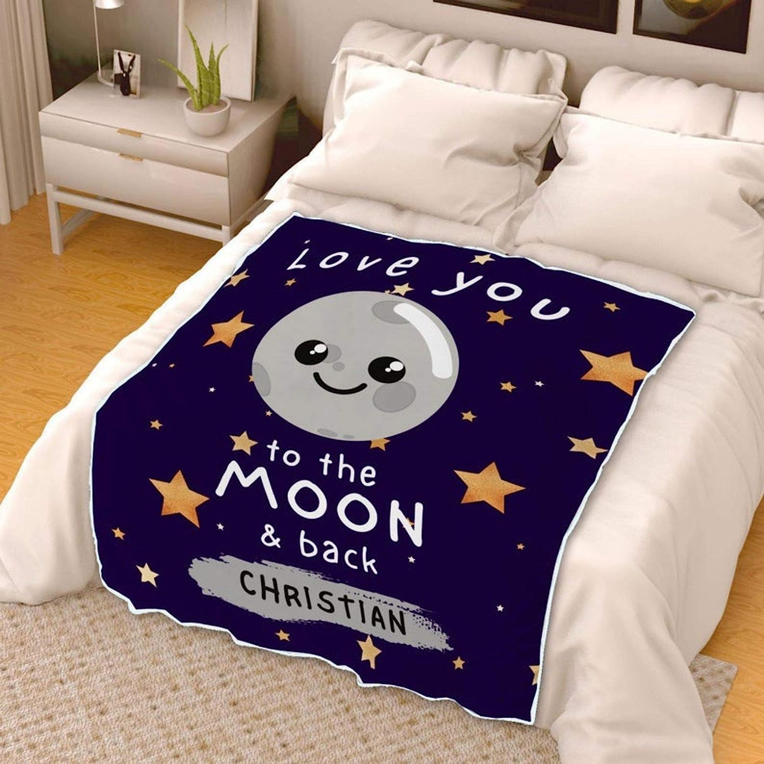 Manta personalizada con nombre de luna y espalda para niños y niñas, manta de forro polar con estrellas y galaxias para niños, artículos esenciales únicos de baby shower para hijo e hija, manta