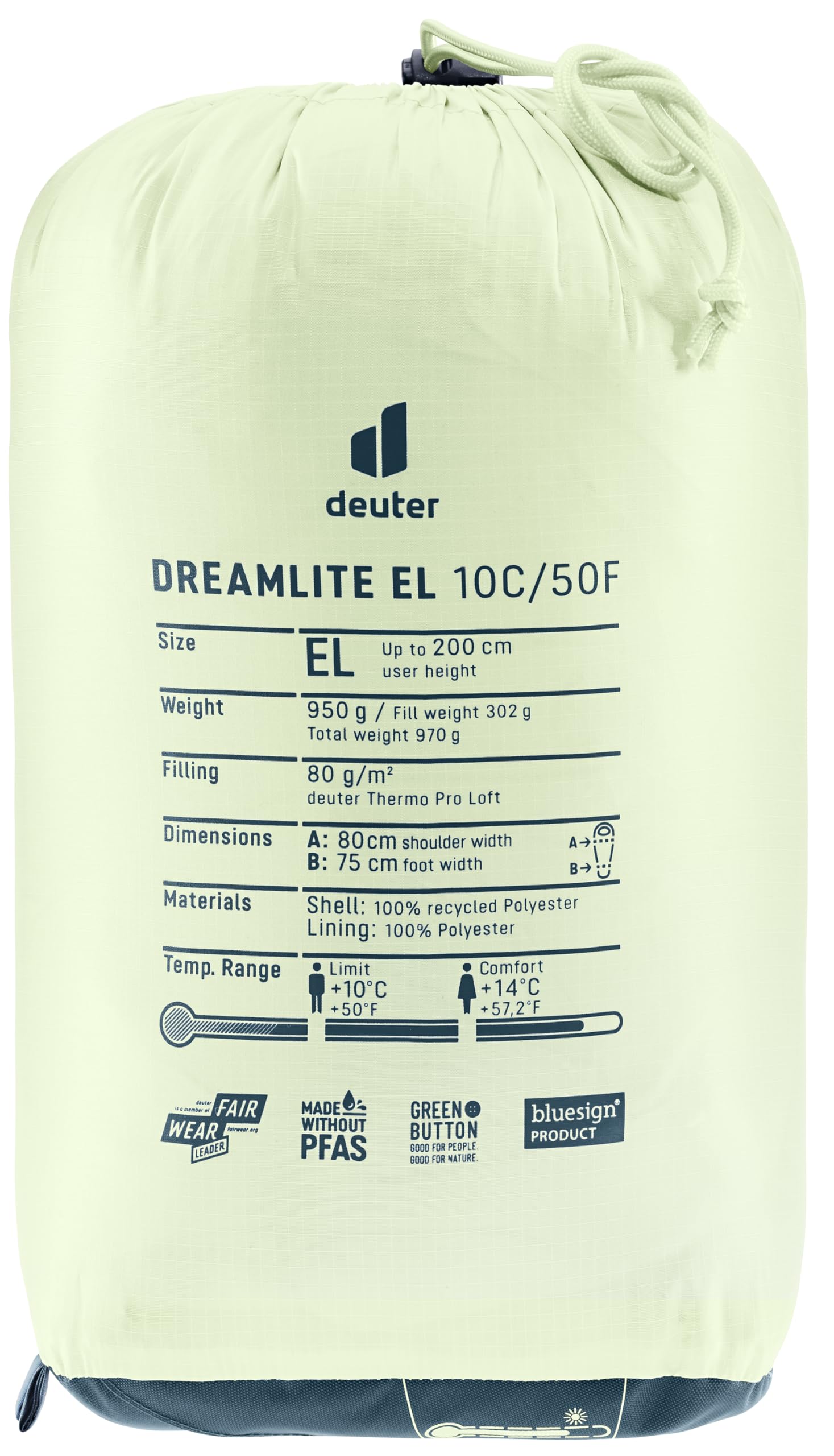 deuter Dreamlite EL 10C/50F - Extra Long (Altura del Cuerpo hasta 200 cm), Saco de Dormir Ultraligero de Fibra sintética
