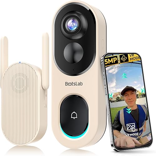 Timbre de puerta inalámbrico, timbre de video de 5 MP con base en casa, vista panorámica de 180, sin tarifa mensual, WiFi de 2.4 GHz, detección de
