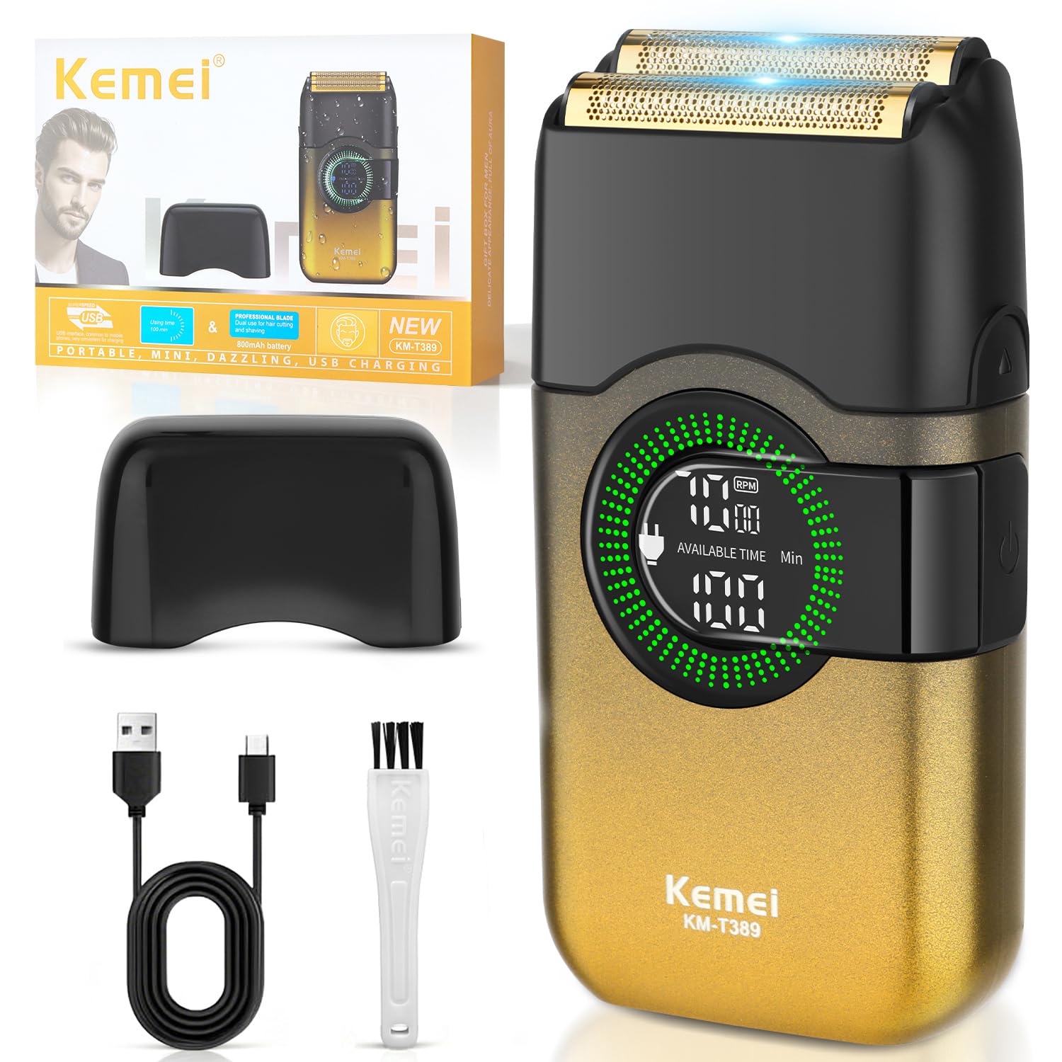 KEMEI Afeitadoras eléctricas de papel de aluminio para hombres, maquinilla de afeitar de doble lámina con cuchillas flotantes, afeitadora inalámbrica para barba que se desvanece la piel, recargable