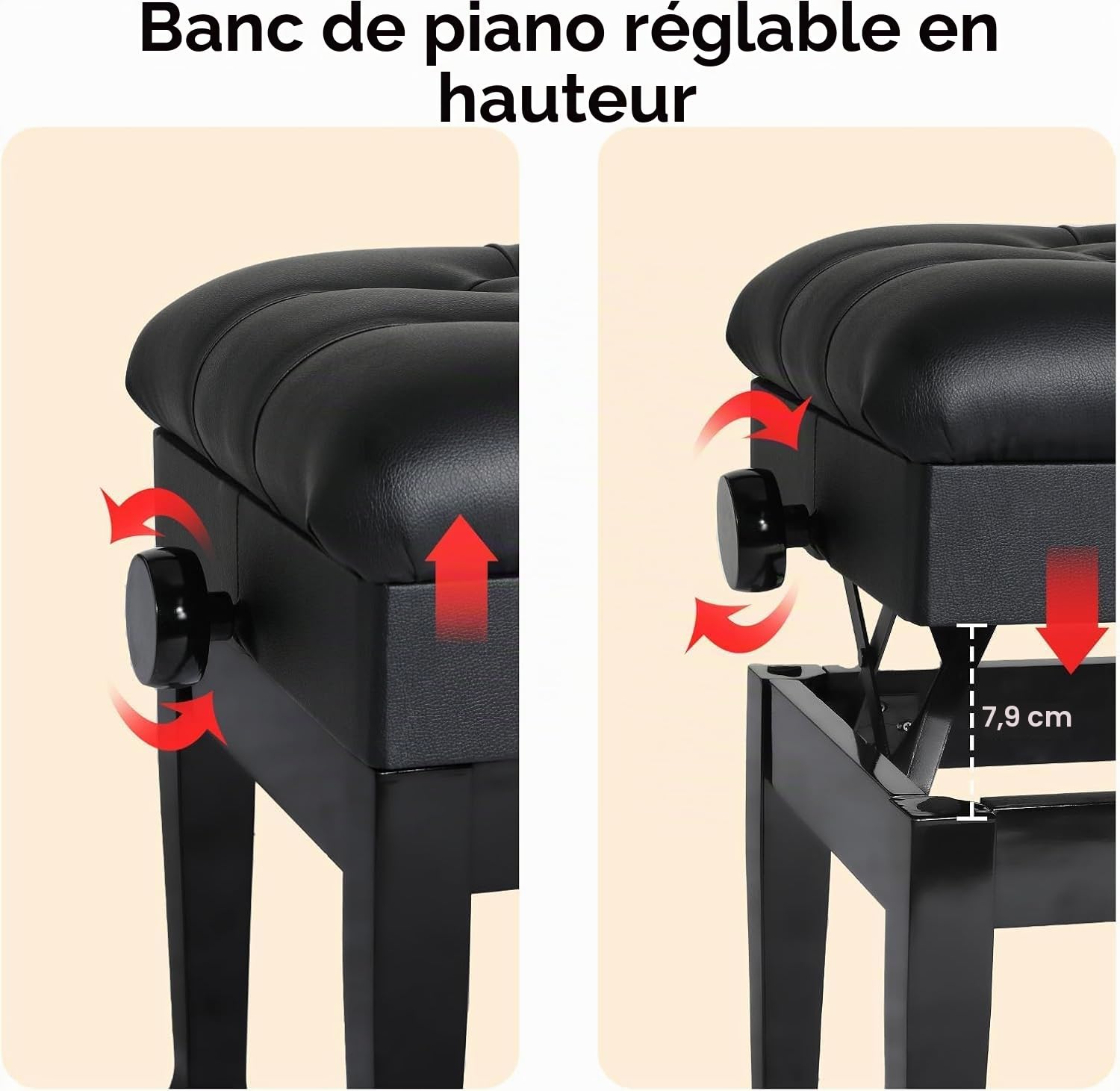 LIFERUN Tabouret Piano avec Hauteur Réglable 50-58 cm, Banc Piano Rangement Intégré, Banc de Piano Double avec Coussin en PU Epaissi, Pieds Courbés en Bois Massif, Antidérapant, Charge 200kg, Noir