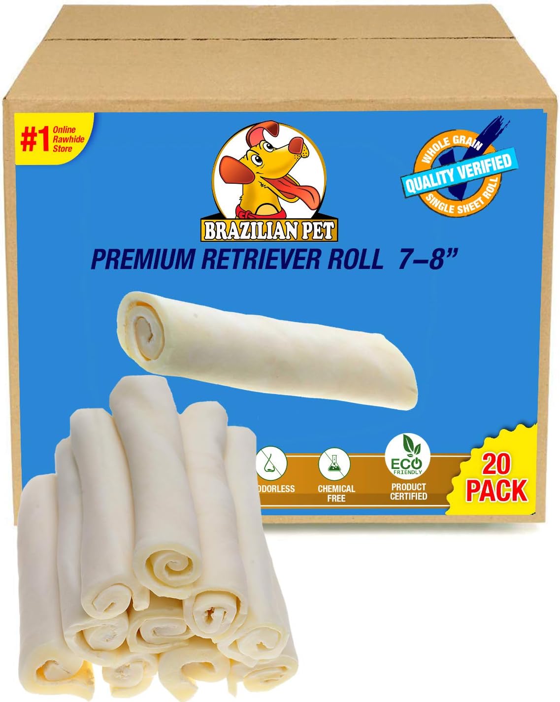 Brazilian Pet Premium Extra Thick Retriever Rolls 7-8 Inches (20 Pack), 100% Natural, Single Sheet Rawhide