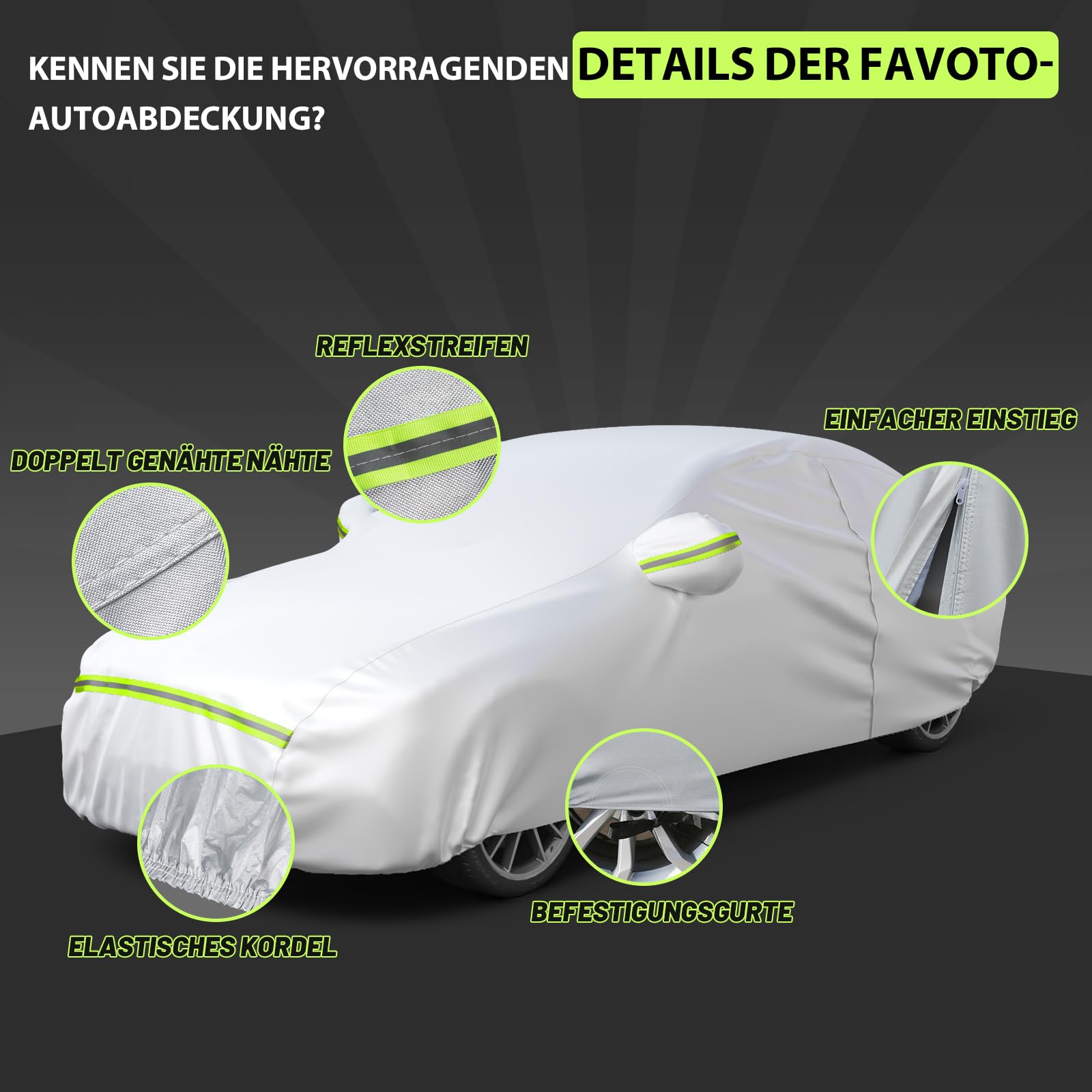 Favoto Autoabdeckung Vollgarage Abdeckplane Auto Garage Staubdicht Wasserdicht Autohülle Autoplane Winter & Sommer für 450-495 cm Sänfte Limousine Silber 2.95kg