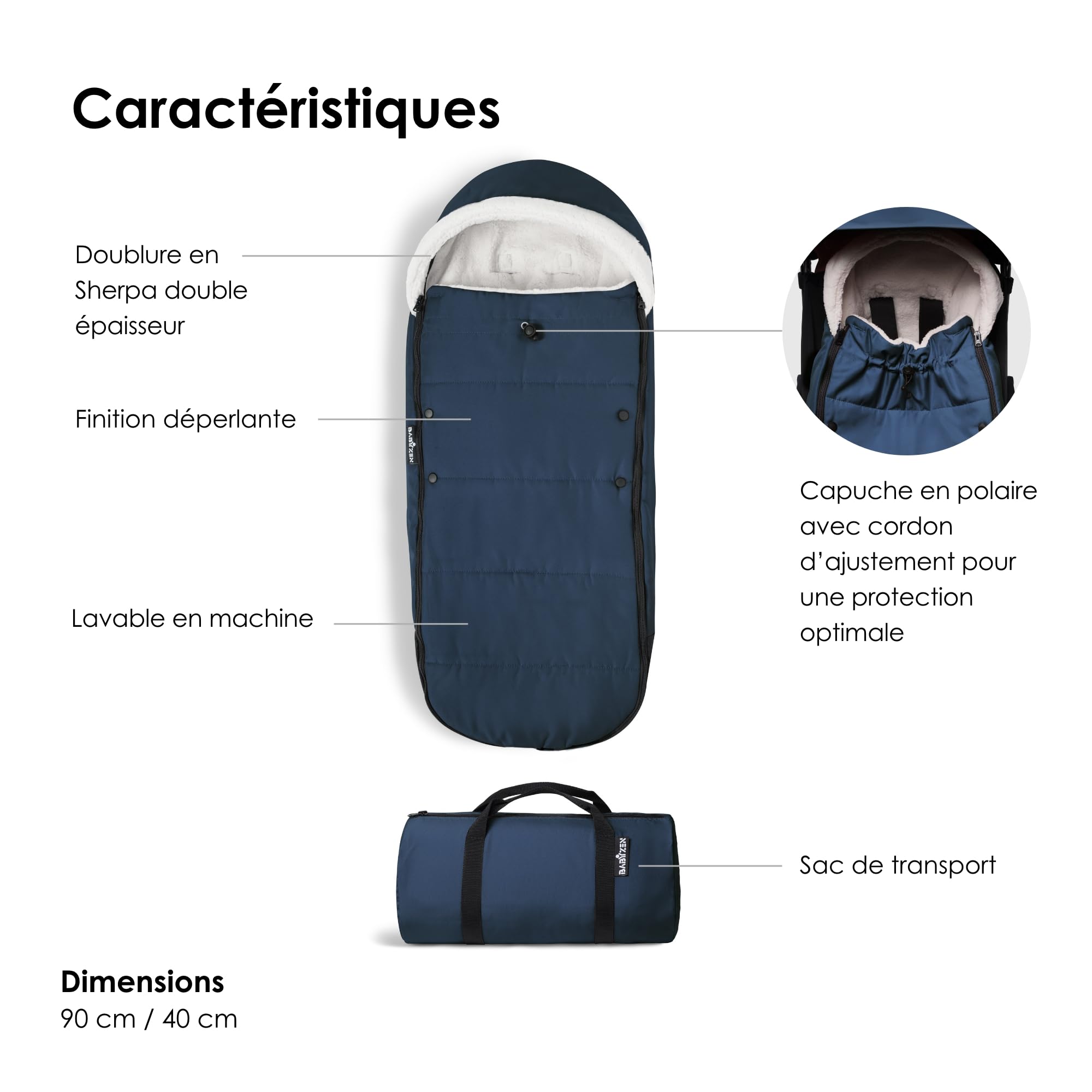 Chancelière YOYO, Bleu marine - Doublure Sherpa et capuche en polaire avec cordon d’ajustement pour garder bébé bien au chaud - Sac de transport inclus - Lavable en machine