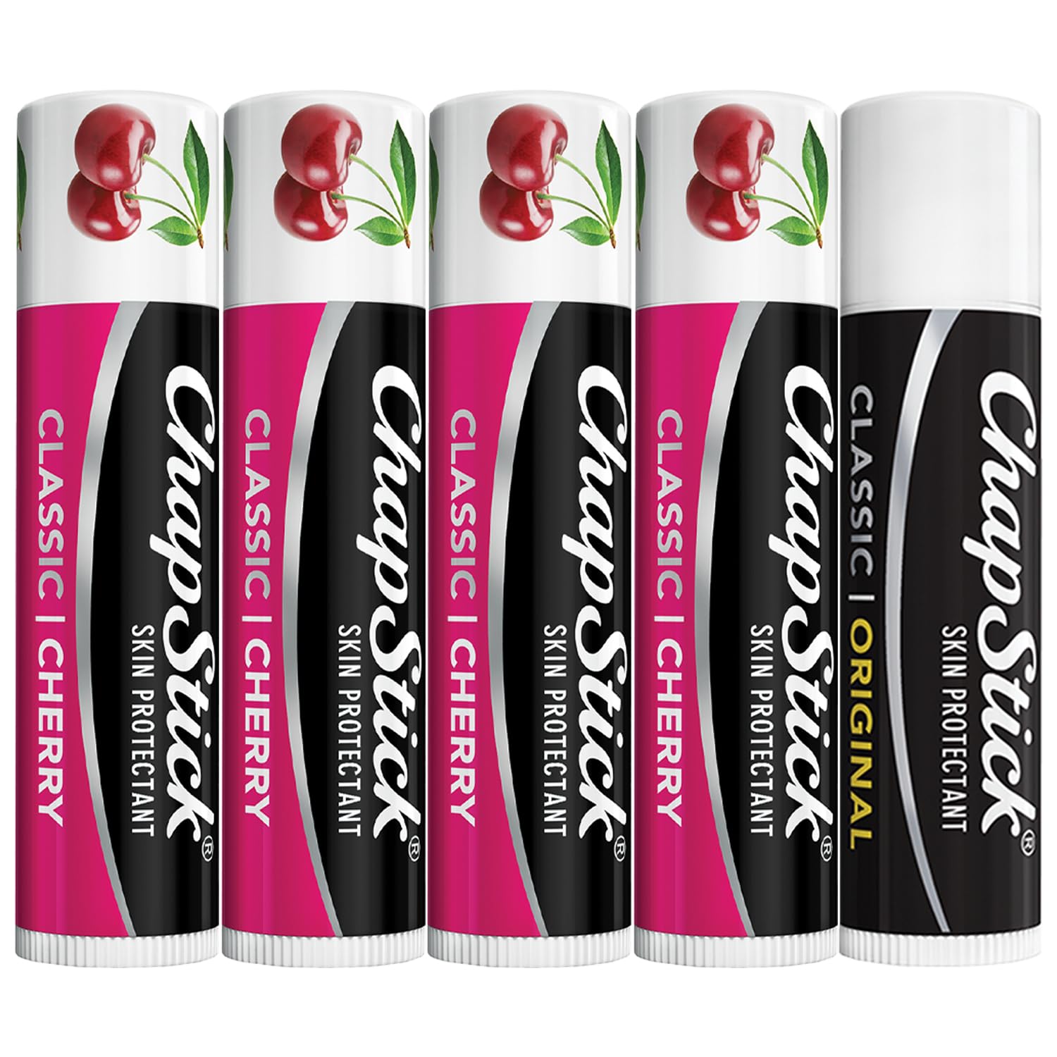 ChapStick Cherry Lip Balm 4-Pack + 1 Original ChapStick, Lip Moisturizer, 0.15 Oz Ea (5 Piece Set)