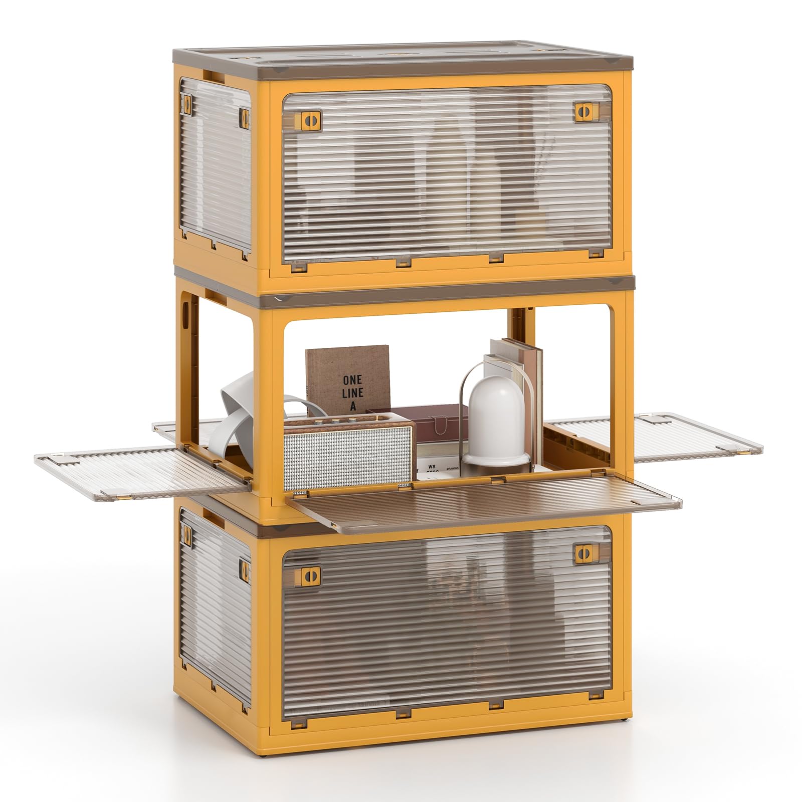 Bacs à 3 niveaux pliables en plastique avec couvercles pour chambre à coucher, placard, bureau, 292 L, jaune