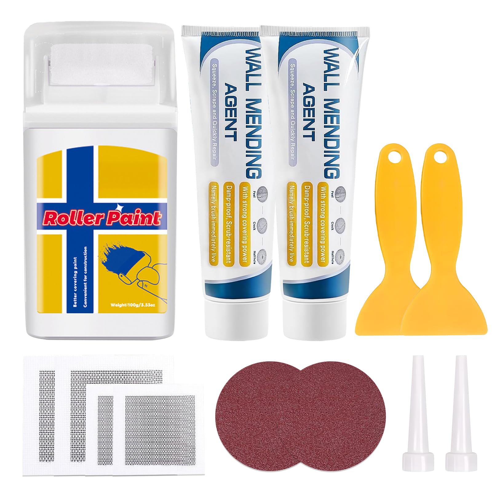 Heuiop White 300G Wall Repair Kit, Roller Paint, Mixed Wall Filler Cream, Walls Repair Patches, Walls Ceilings Filler Kit For Holes Graffiti Stains Crack
