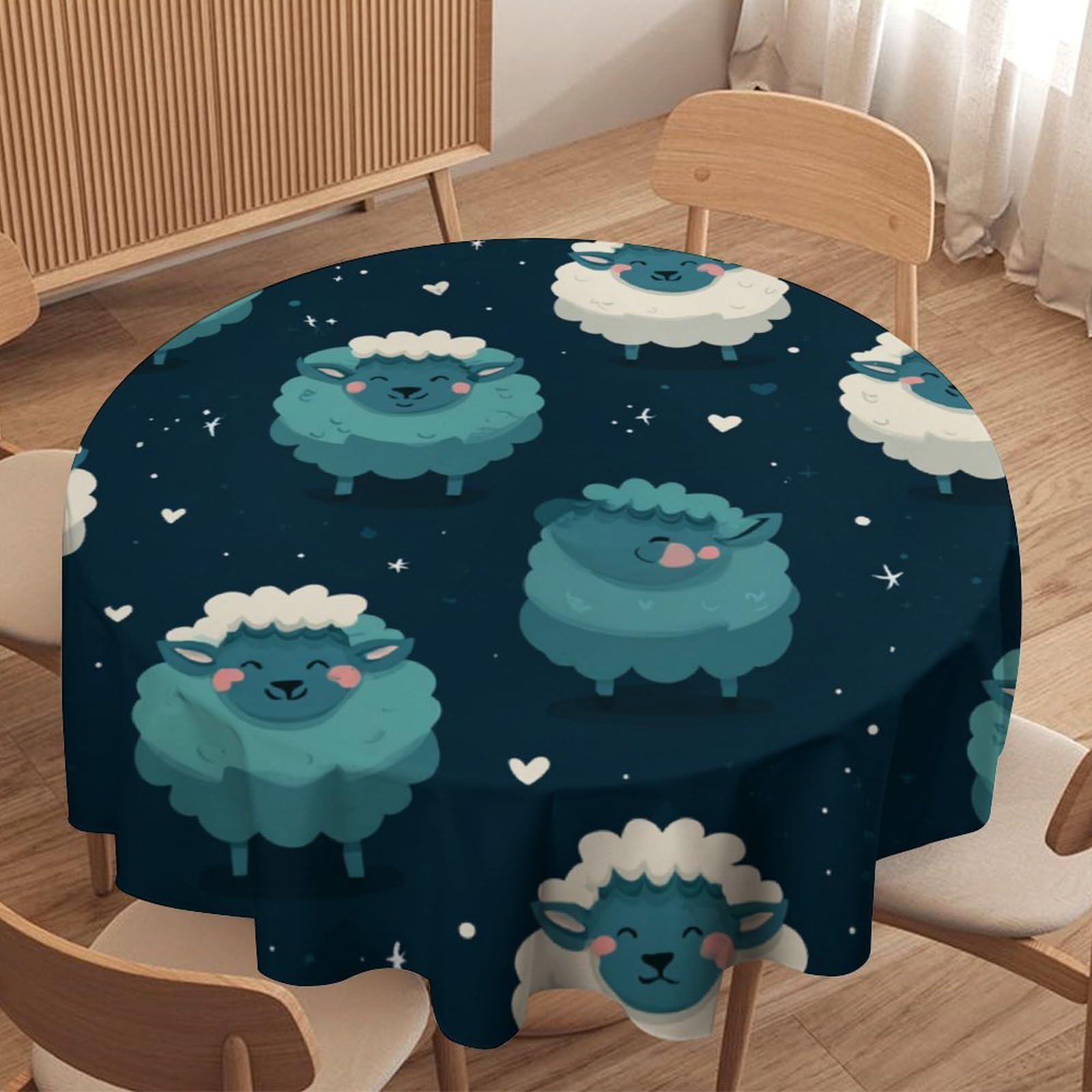 LUYYSKY Classic Animals Sheep Round Tablecloth Colorful Cartoon Farm Animal Alpaca Cute Heart Pattern Washable Decor for Table Cover for Kitchen-91.4" Wx91.4 L cm