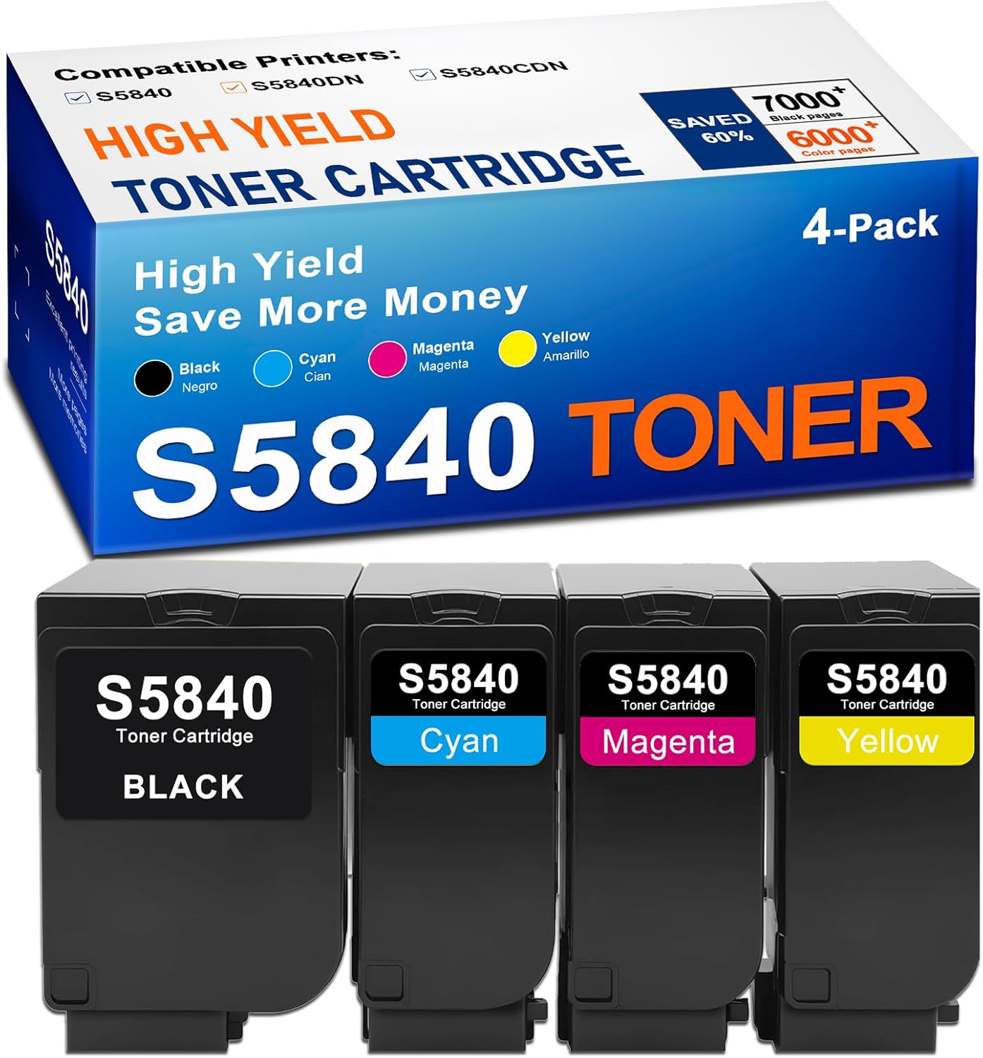 S5840 Toner Compatible Toner Cartridges High Yield Replacement for Dell 593-BBXX 593-BBXU 593-BBXW 593-BBXV for S5840 S5840DN S5840CDN Printer 4-Pack (Black/Cyan/Yellow/Magenta)
