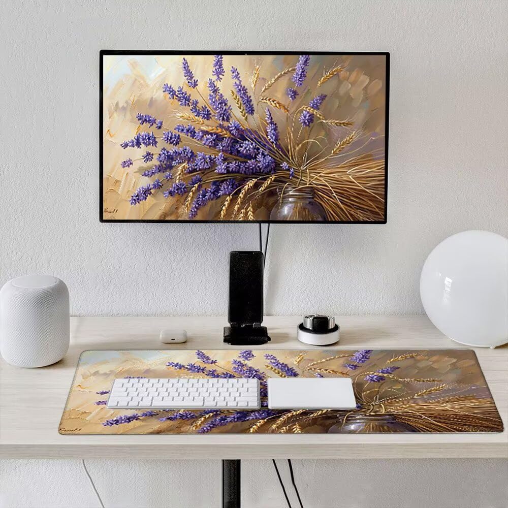 Duża podkładka pod mysz do gier XXL 1200 x 600 x 3 mm z zszytymi krawędziami, trwała antypoślizgowa podstawa z naturalnej gumy, zmywalna podkładka pod klawiaturę, gry, dom biuro, lawendowe kwiaty xR6