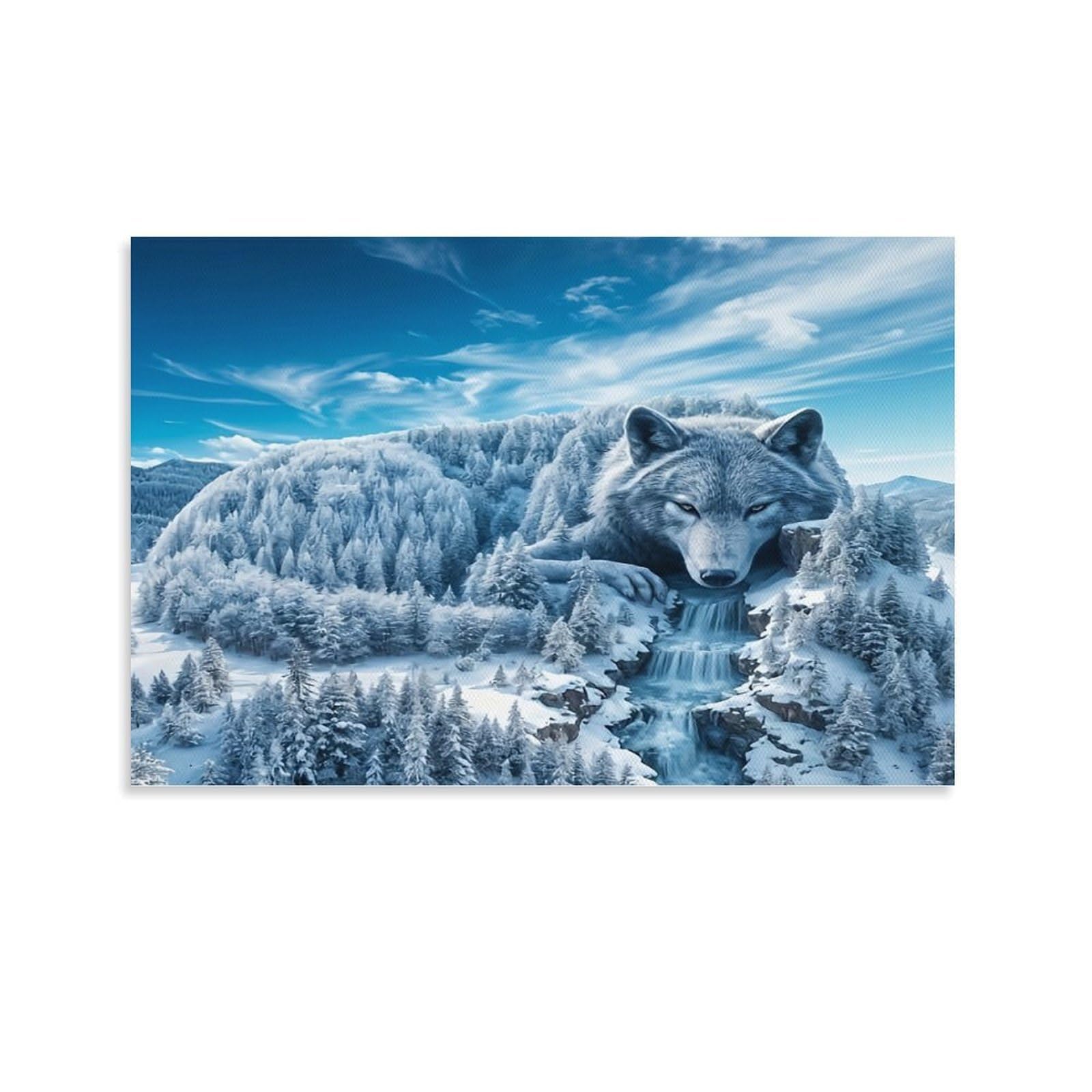 CPLVKWRQJ Snowy Wolf Mountain Single Piece Frost Coated Wolf Lying Snowy Pine Ridge Canvas Print - Kitchen Canvas Wall Decor Easy to Clean Removable Focal Point 24x36inch(60x90cm)