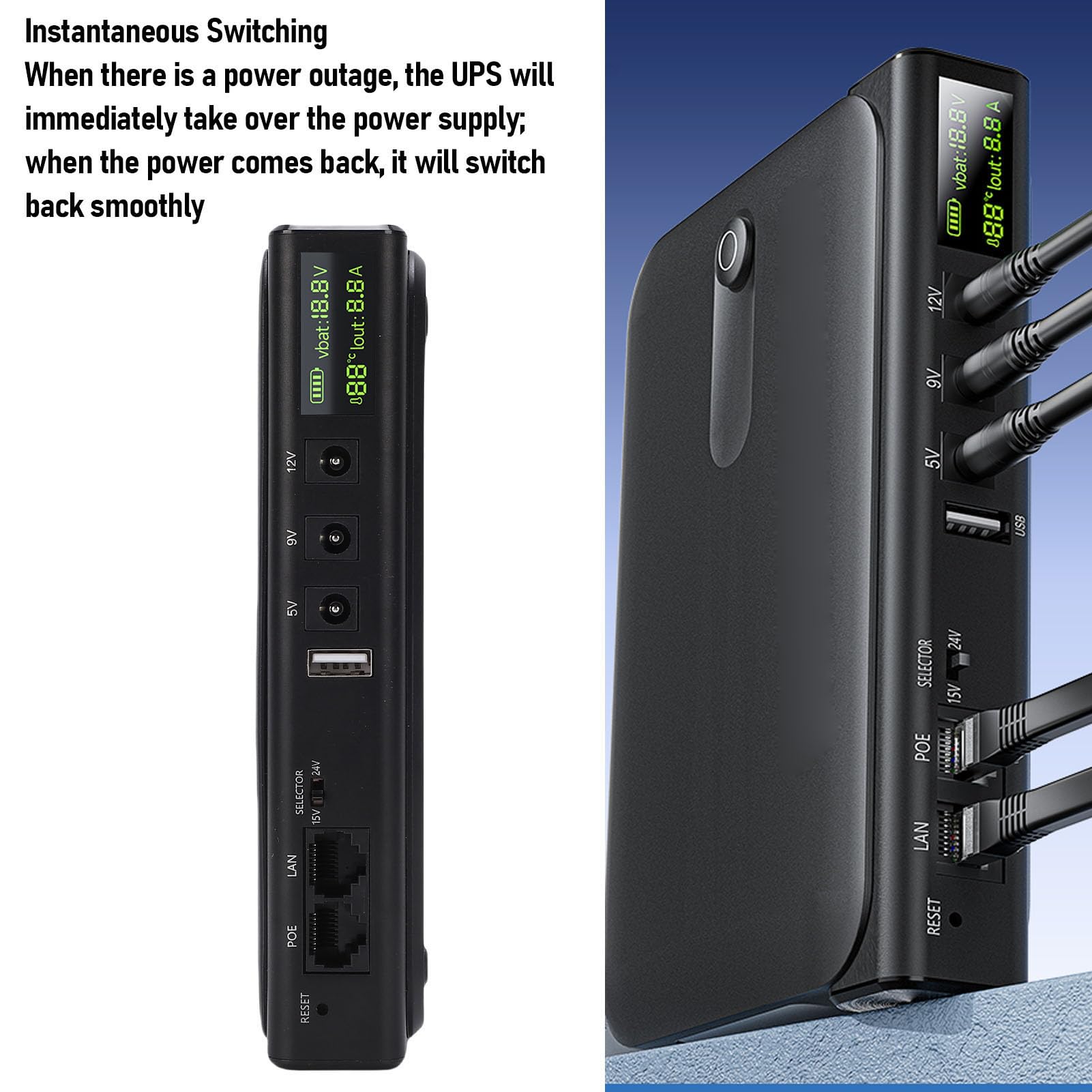 Zasilacz UPS o Mocy 36 W, Zapasowy Zasilacz UPS z Portem USB LAN POE, Wbudowany Adapter, Obsługa Modemu Optycznego z Routerem Kamery (Wtyczka UE)