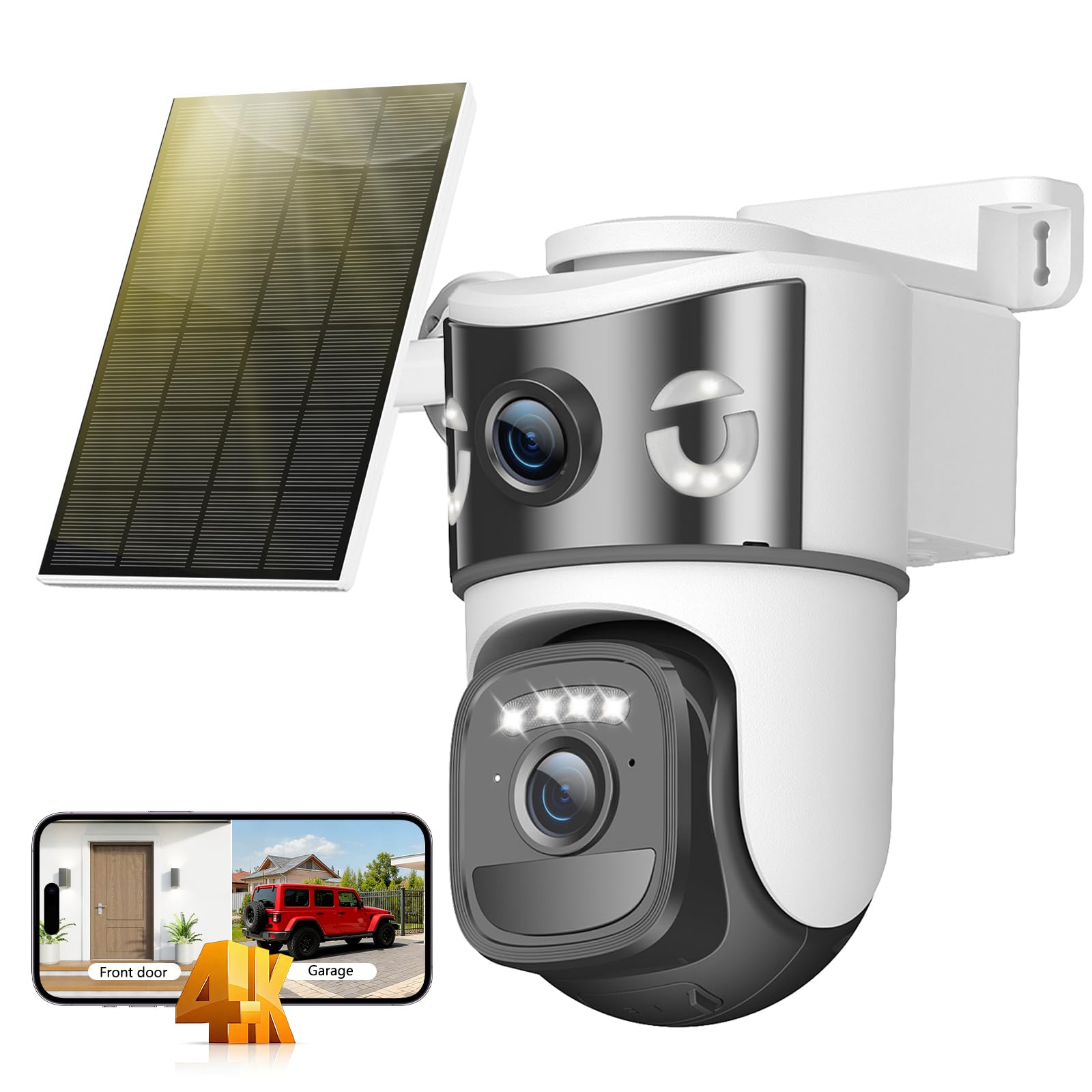 4K Caméra de Surveillance WiFi Extérieure Sans Fil,Double Objectif Camera Extérieur Solaire avec Panneau,355° PTZ,Vision Nocturne,Suivi Automatique,PIR Détection Humaine,Audio Bidirectionnel,IP66