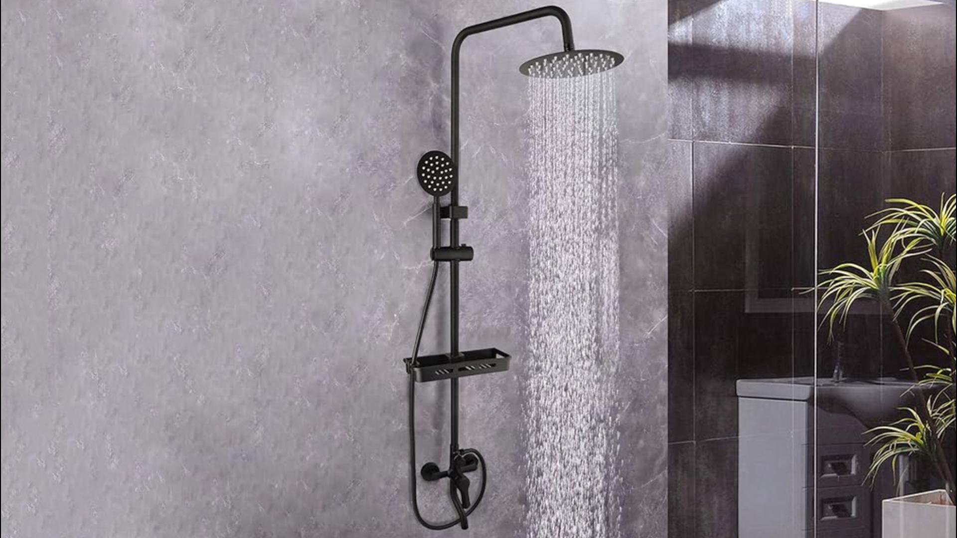 Sistema de ducha expuesto color negro mate con estante | Acero inoxidable, 3 funciones, montaje en pared, cabezal de lluvia de 8 pulgadas, para baño y exterior miniatura 7