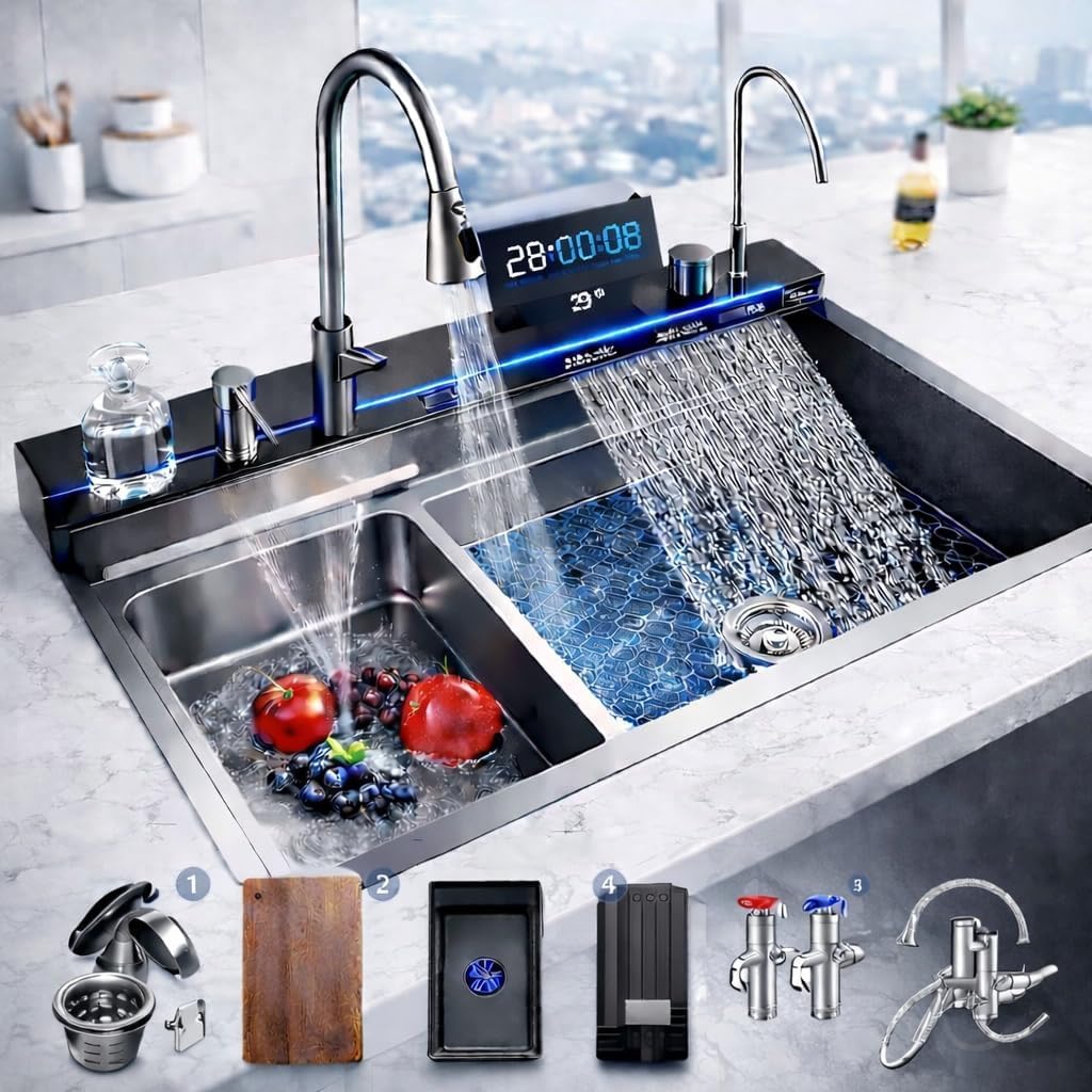 Évier à Cascade avec un Bac. Évier Multifonctionnel avec Lave-vaisselle, Cascade, Distributeur de Savon, Robinet Amovible, etc