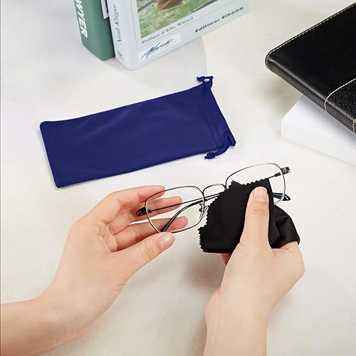 Miniatura 4 de Frienda 12 bolsas de microfibra para lentes de sol, bolsas suaves con 2 paños de limpieza y cordón (negro, gris y azul), Negro, gris y azul