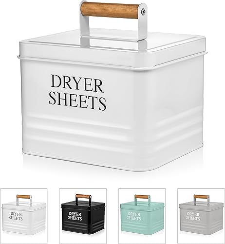 Calindiana Contenedor dispensador de hojas para secadora con tapa para decoración de lavandería, organización y almacenamiento, color blanco