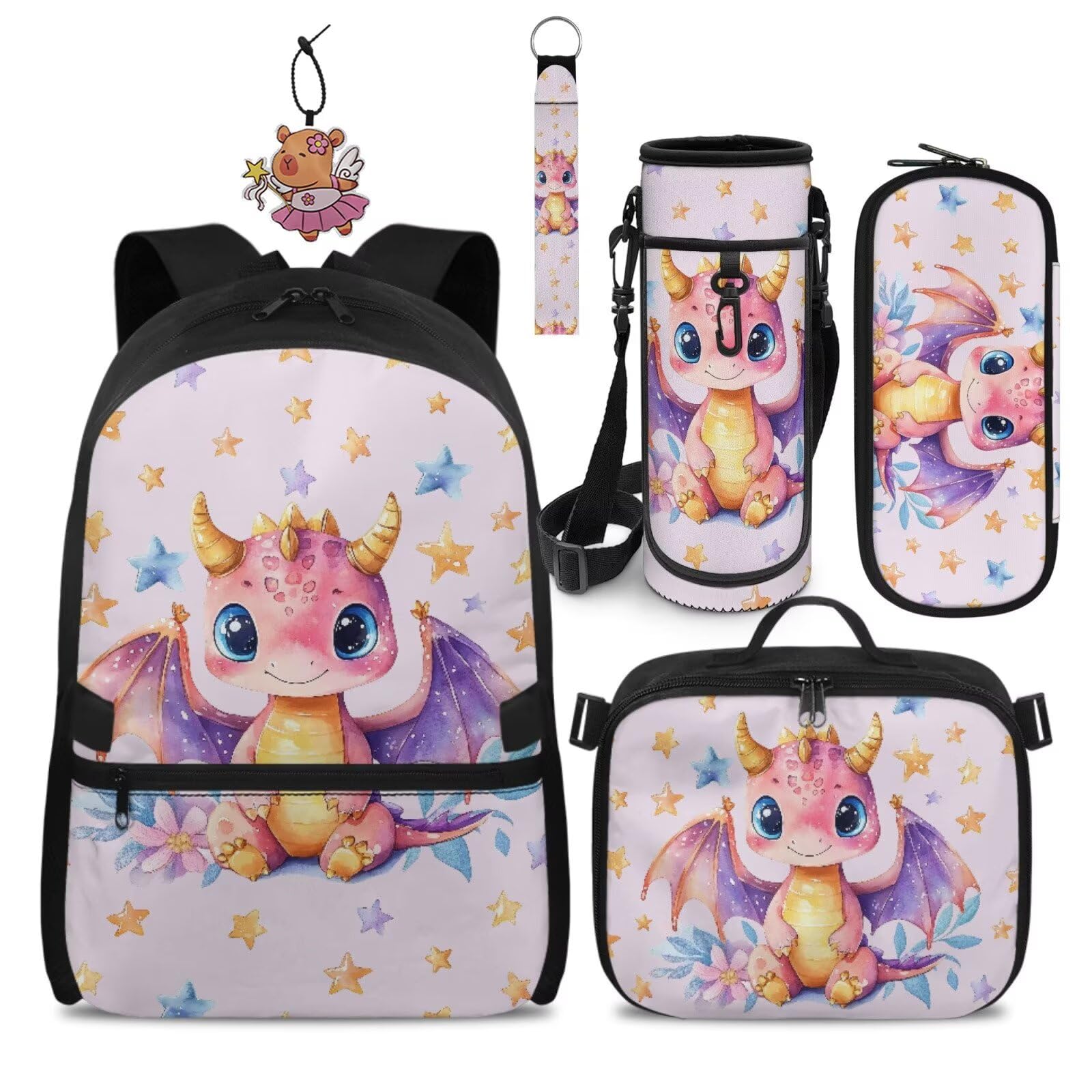 COEQINE Bonita mochila escolar para niños, juego de 5 bolsas con lonchera y estuche, llaveros para adolescentes de 6 a 12 años, Bonita estrella de dragón rosa, M, Casual