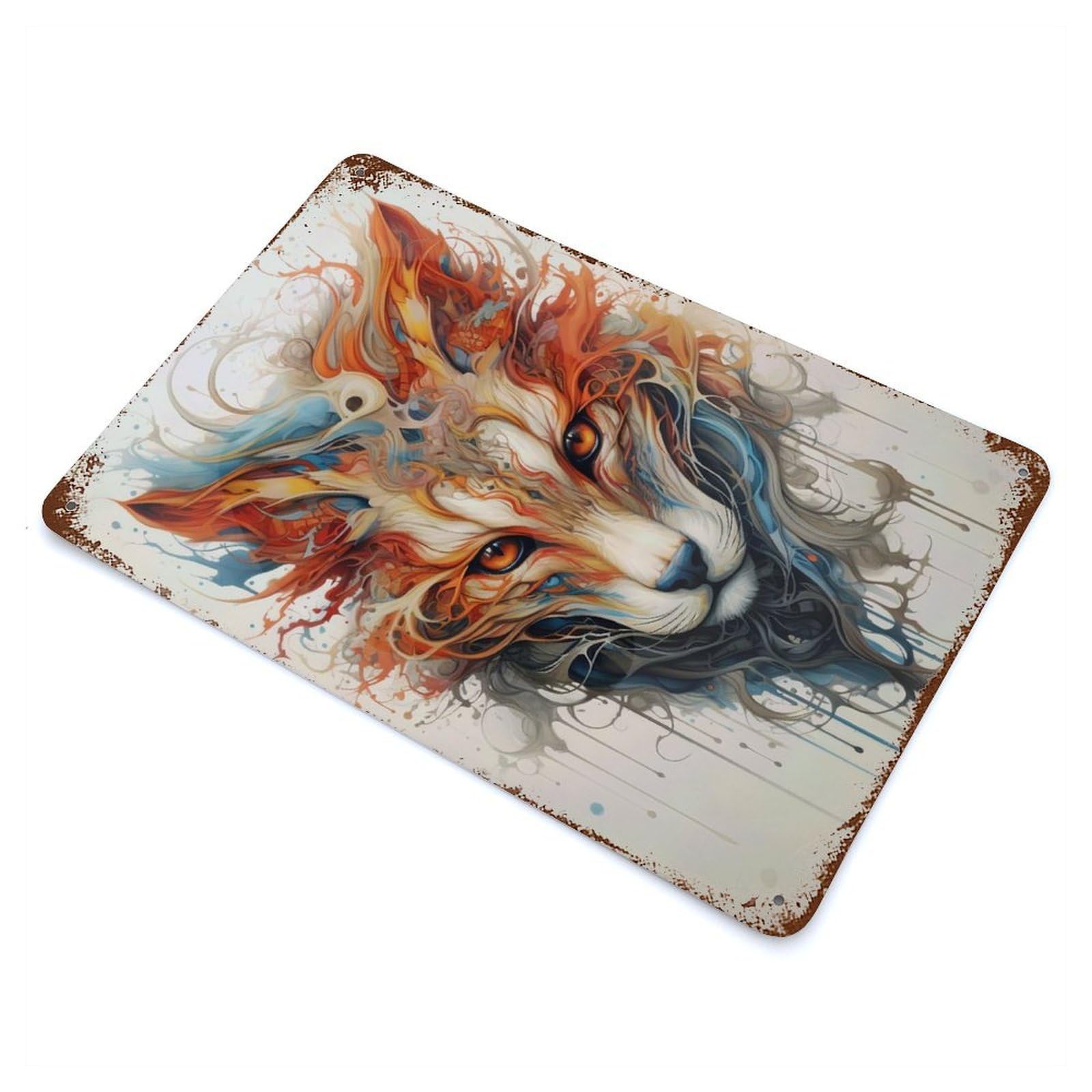 Abstract Fox Portrait with Watercolor Effect Decorative Tin Sign 11.8"x7.9", for Bistro, Counter And Cafe Decor, Classic Wall Plaque