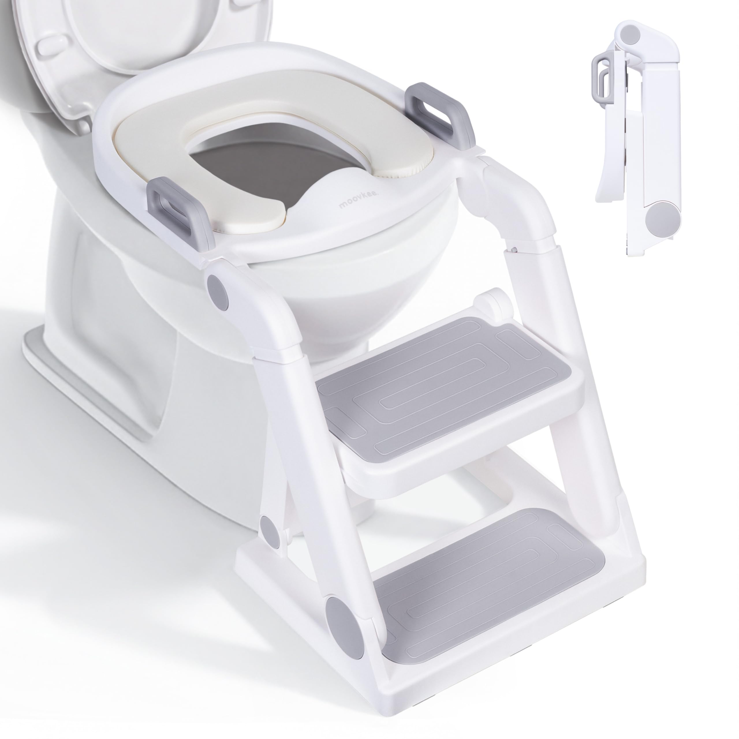 Toilettensitz Kinder mit Treppe Grau - 2-in-1 Toilettentrainer | Toilettentreppe für Jungen und Mädchen Höhenverstellbar & Rutschfest Vormontiert und Faltbar
