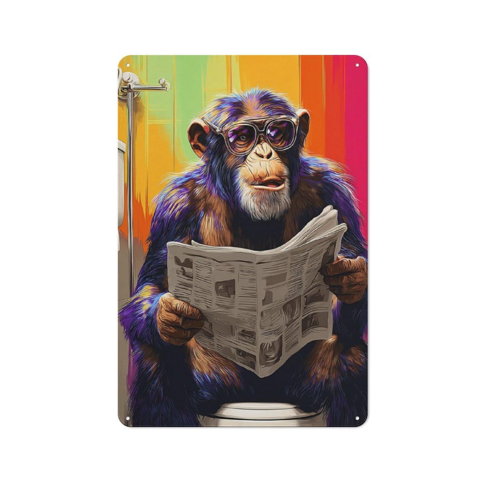 Junmoney Chimp Reading Newspaper In Colorful Bathroom Farmhouse Metal Sign With Design 30X20cm, Rustic Rustic Kitchen Decor For Dining Room, Cafe, Entryway Or Family Room
