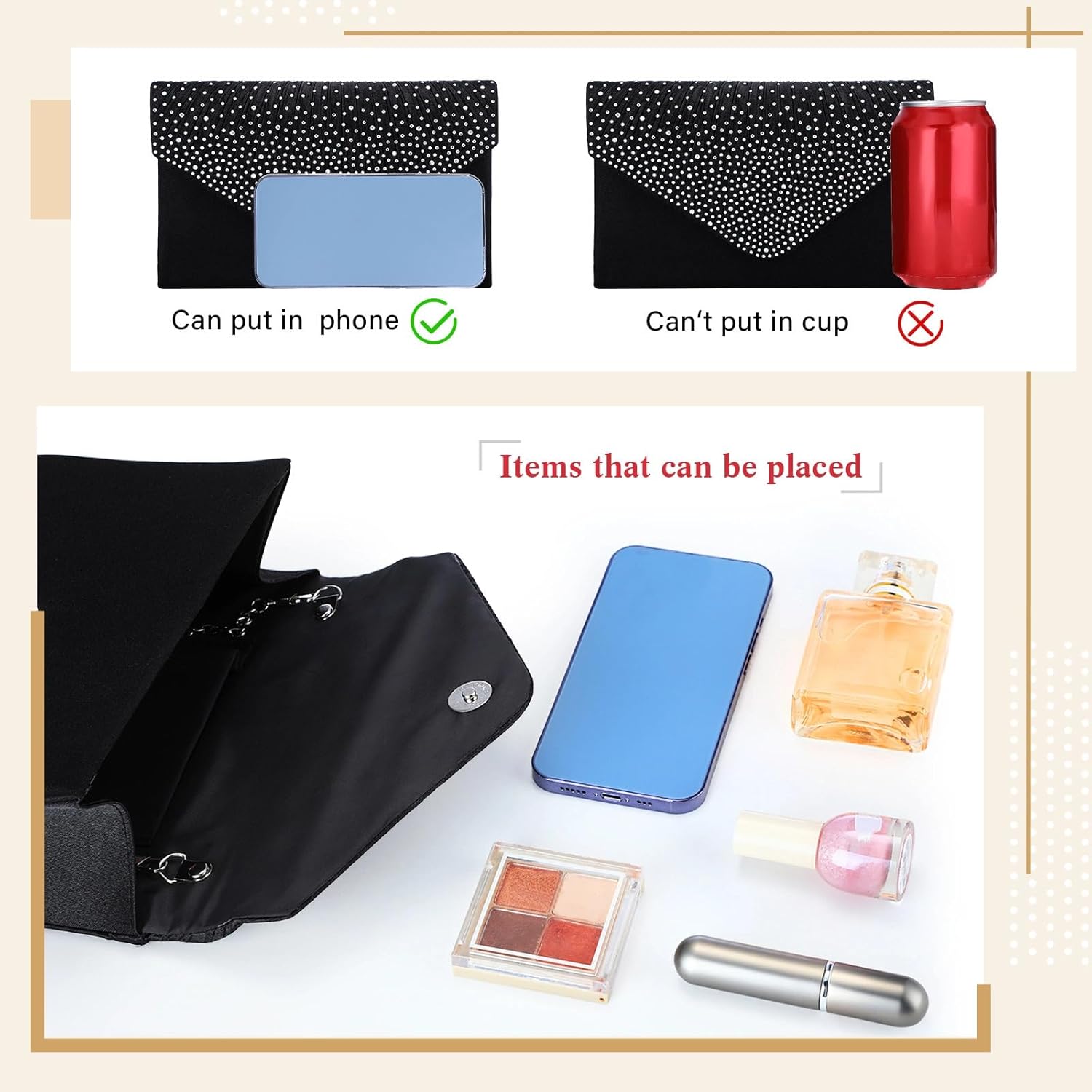 Epakh 4 Piece Black Clutch Purses Jewelry Set for Women, Glitter Rhinestone Evening Bag Handbag, Crystal Necklace, Earrings and Bracelet Black Costume Sets for Women Bridal Wedding Party