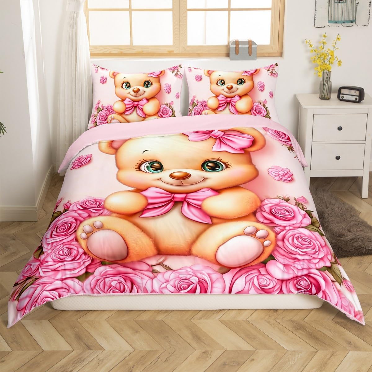 Erosebridal Cute Bear Toddler Size Bedding Set Pink Roses Flower Couple Comforter Cover for Kids Girls Teen,Romantic Valentine's Day Duvet Cover Kawaii Bow Bear Quilt Cover 2 Pcs