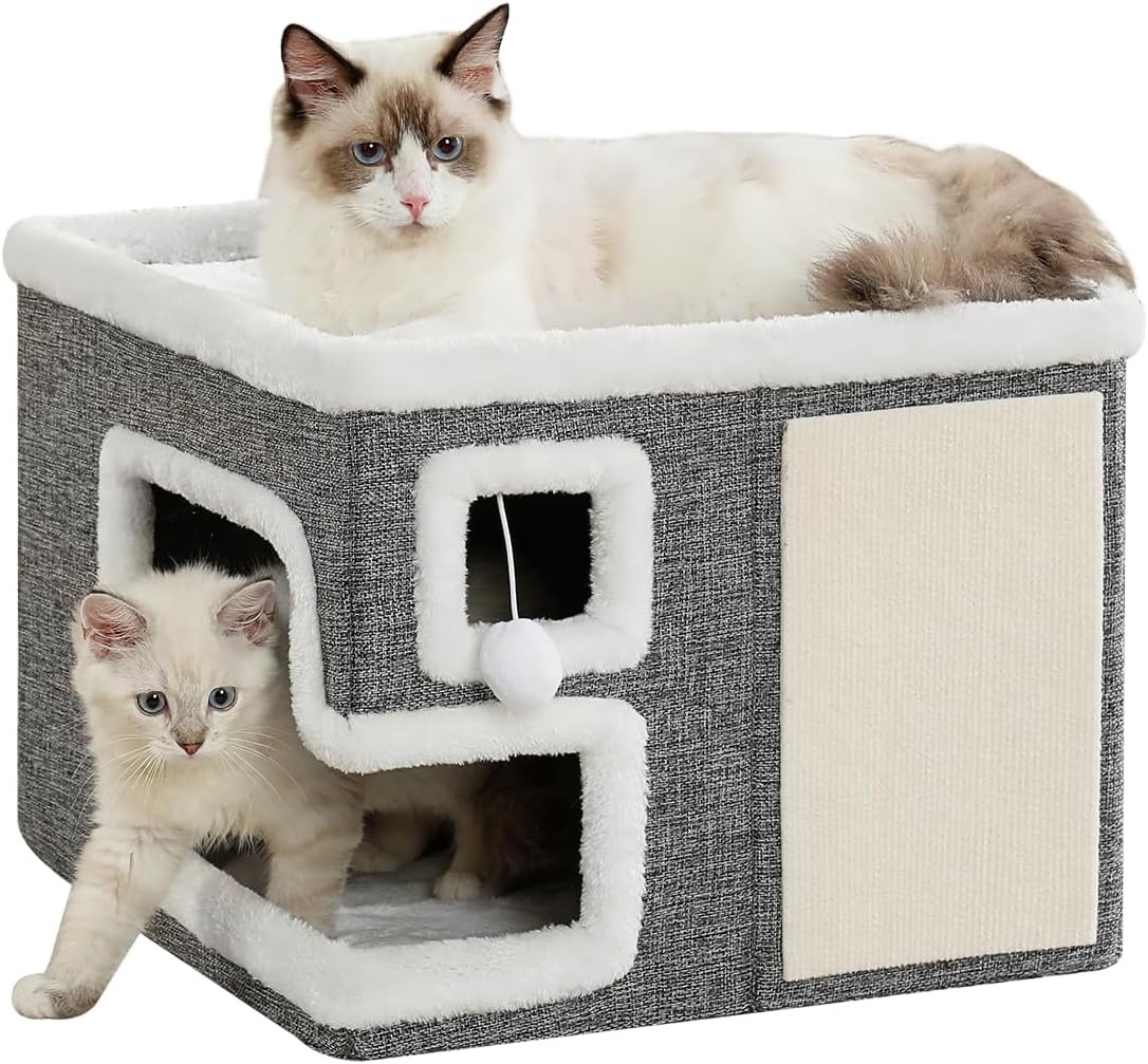 Cat Houses for Indoor Cats, Covered Cave Bed with Scratch Pad and Fluffy Ball, Foldable Cat Hideaway Condo for Large Cats, Modern Kitten Bed,16.5x16.5x13 inches (Grey, Large)