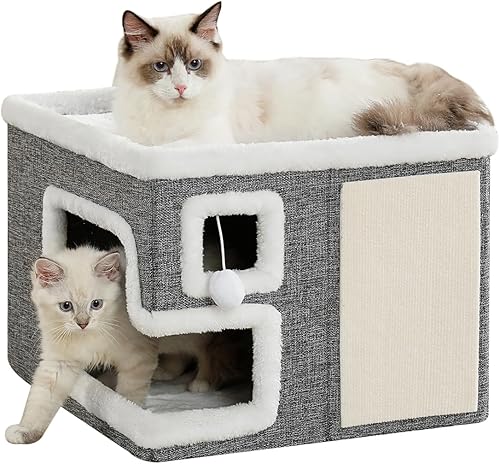 Crispedia Cat Houses for Indoor Cats, Covered Cave Bed with Scratch Pad and Fluffy Ball, Foldable Cat Hideaway Condo for Large Cats, Modern Kitten Bed,16.5x16.5x13 inches (Grey, Large)