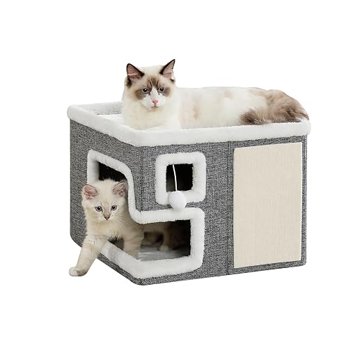 Cat Houses for Indoor Cats, Covered Cave Bed with Scratch Pad and Fluffy Ball, Foldable Cat Hideaway Condo for Large Cats, Modern Kitten Bed,16.5x16.5x13 inches (Grey, Large)
