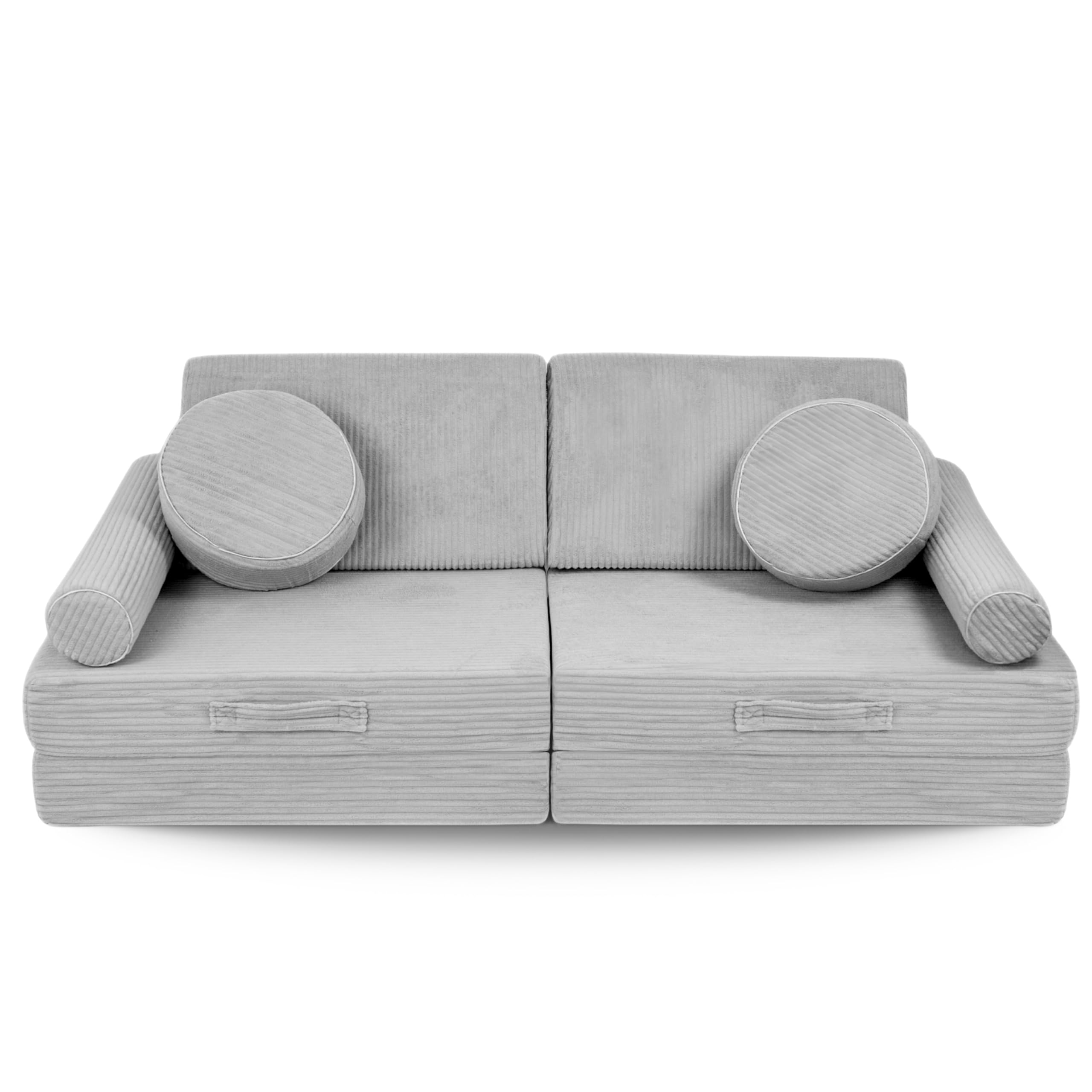 Flumi Sofa dziecięca, 10-częściowa, do pokoju dziecięcego, z nadającymi się do prania pokrowcami, możliwość spersonalizowanego imienia (sztruksowa szara)