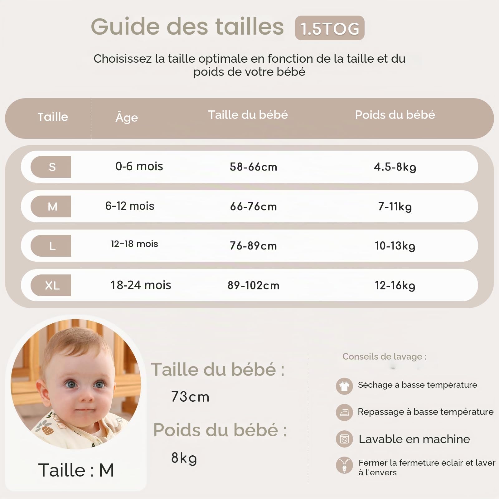 Gigoteuse Bébé Hiver 1.5 TOG en Coton Doux, Turbulette Chaude avec Fermeture Éclair, Lot de 2, pour Nouveau-né Garçons Filles 0–6 Mois Éléphant Beige