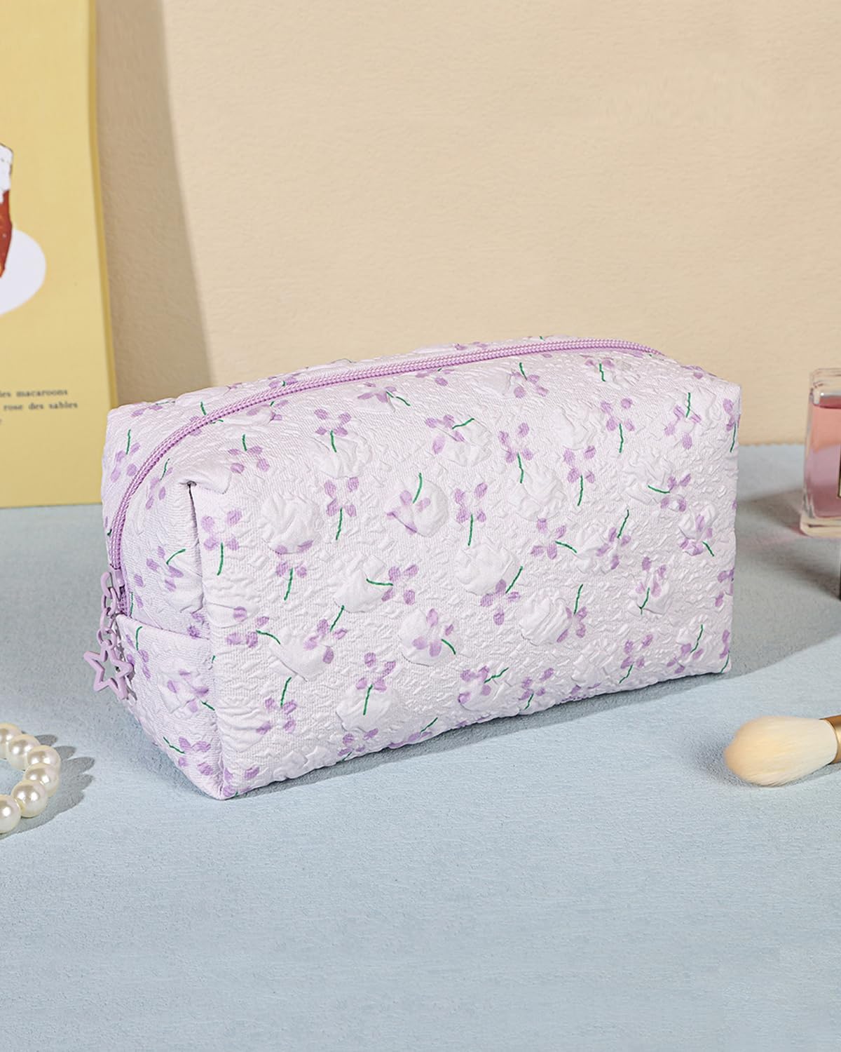 Quilted Floral Makeup Bag – Soft Cotton Cosmetic Bags, Travel Toiletry Bag Tote Bag Organizer, Cute Floral Design for Women, Reusable & Washable - Purple