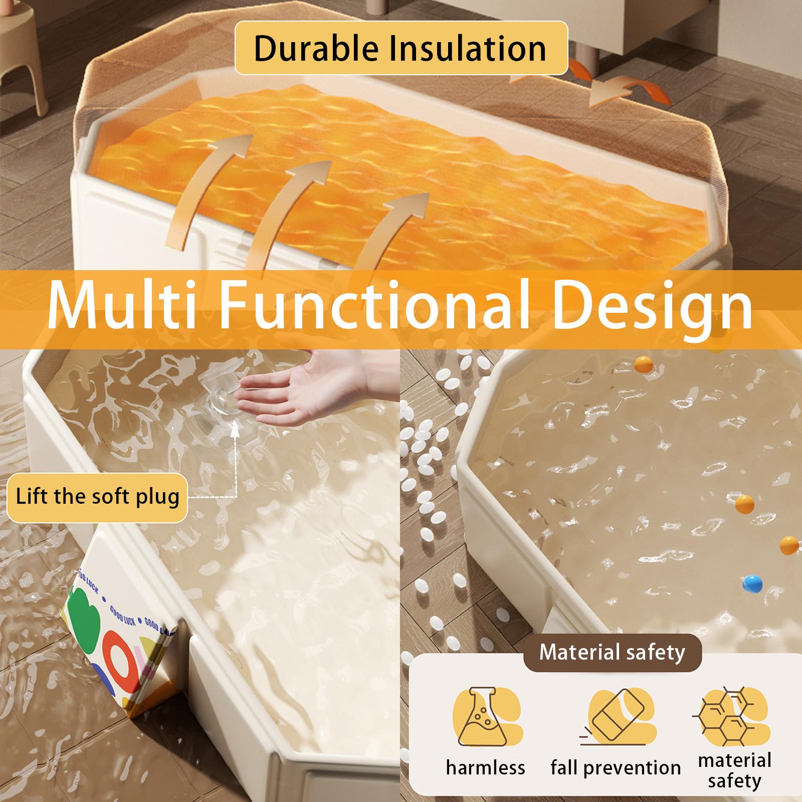 Bañera Plegable, Bañera Independiente Portatil Lavabo de Ducha Portátil Integrado con 3 Cepillos de Silicona Antideslizante Tapón hermético Piscina Infantil Plegable 75x70x20 cm