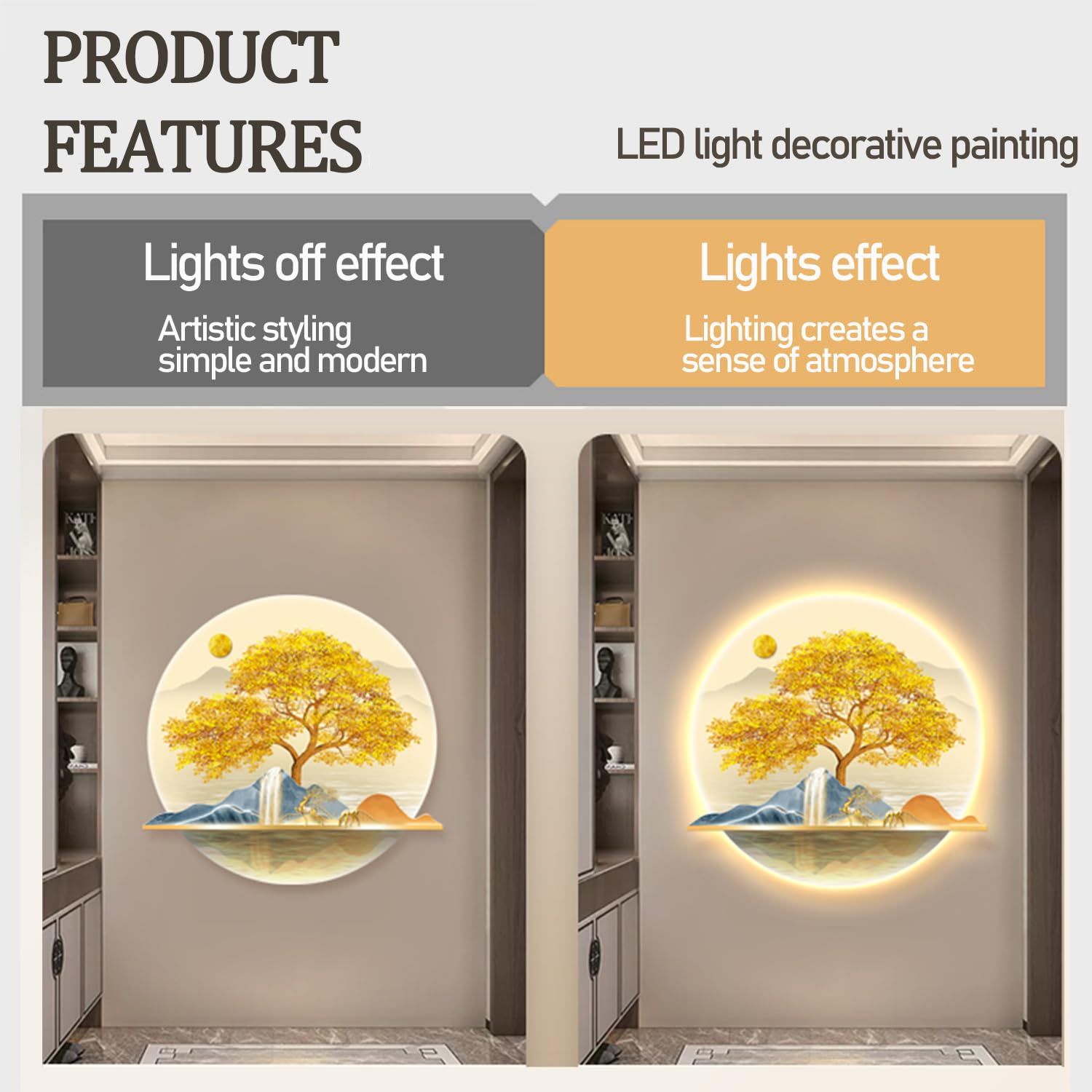 Malarstwo ścienne 3D Rzeźba wisząca na ścianie ， Symulacja 3D Dekoracja Ścienna z Oświetleniem LED, Wisząca Sztuka Ścienna z Drzewem LED Wejściowym, Przyjazny Malowidło Ścienne z Sosny(D,90L x 87W cm)