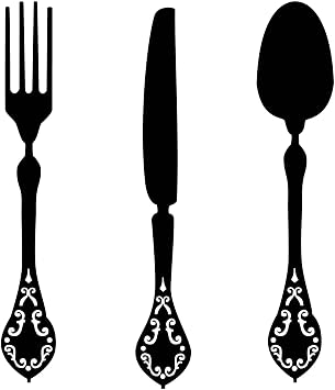 Kitchen Silverware Utensils Wall Decals | Fork Knife, Spoon Silhouettes | Dining Room, Restaurant Decor Vinyl Stickers | Black, White, Gray, Pink, Blue, Metallic Gold, Silver, Red | Small, Large Sizes