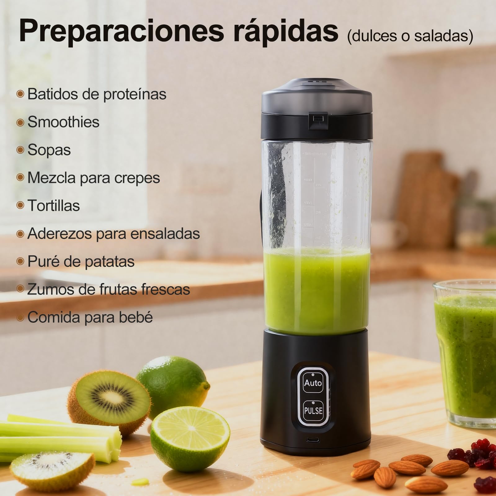 FRZA Batidora PRO Portátil Recargable USB, Batidora de Vaso Personal para Smoothies y Zumos, con Función Auto y Pulse, Color Negro