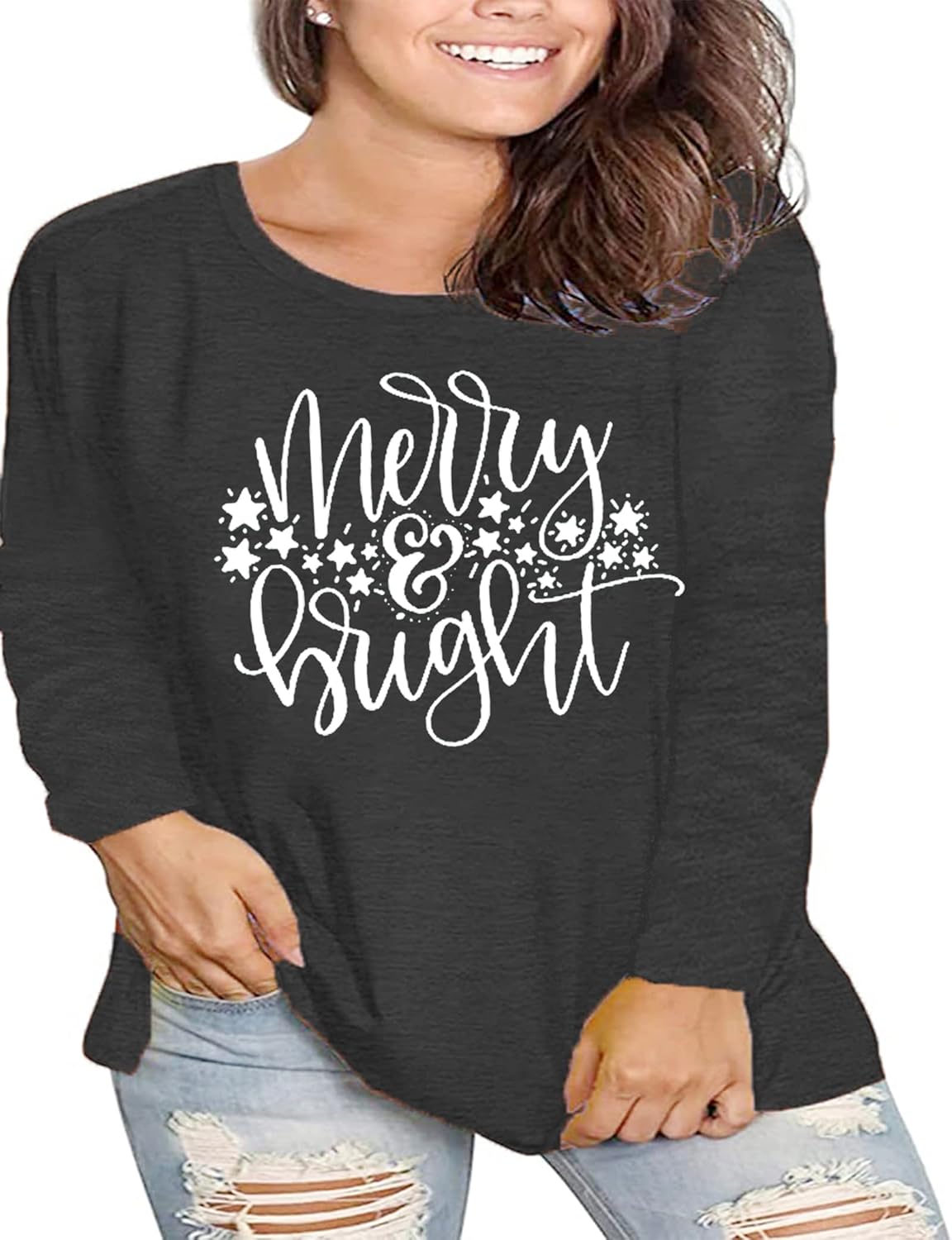 Plus Size Christmas Shirt Women Merry and Bright Long Sleeve Merry Christmas Long Sleeve Xmas T Shirts Tops - Image 3