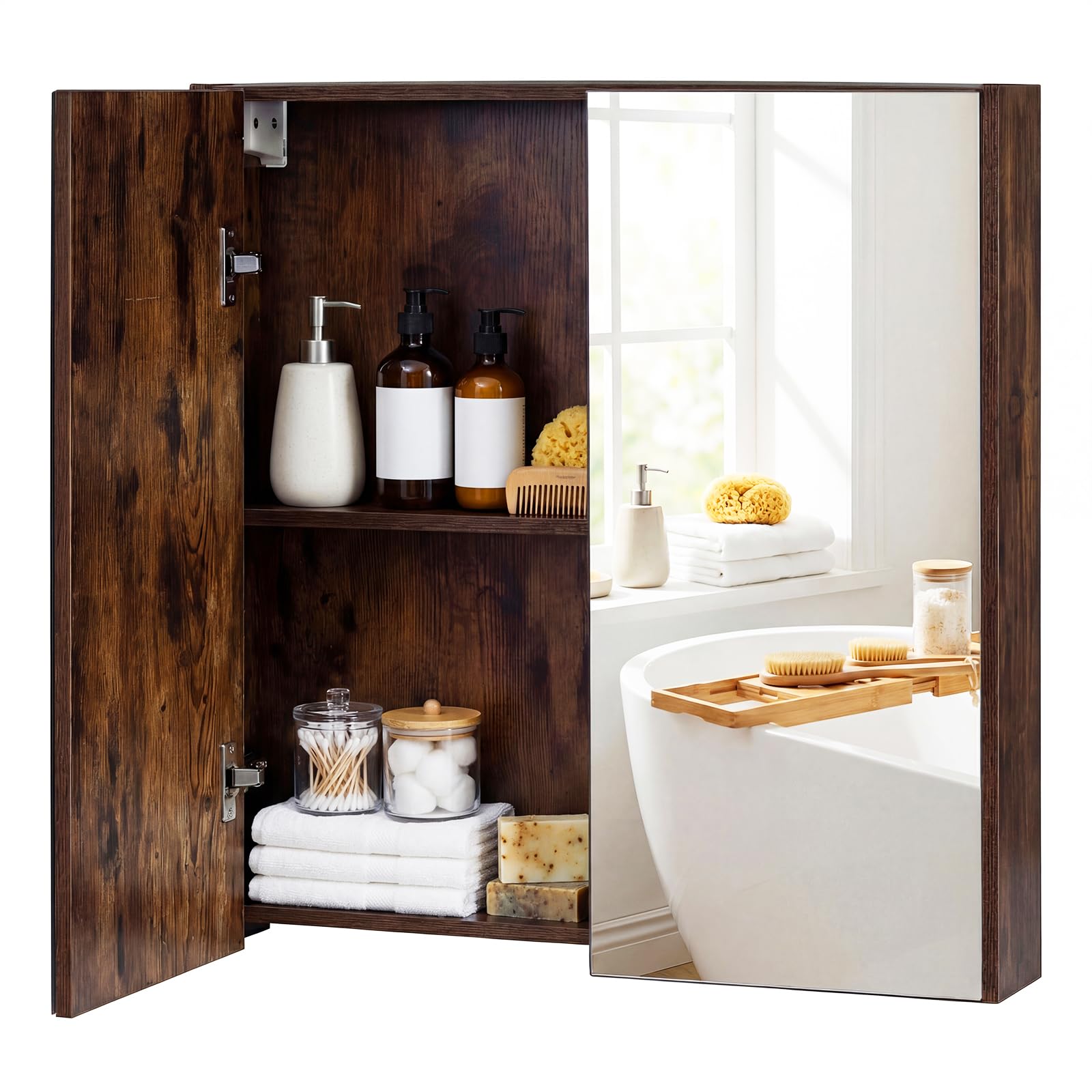 COSTWAY Spiegelschrank Bad, Badezimmerschrank mit 2 Spiegeltüren & Ablage, Badschrank, Hängeschrank, Wandschrank holz für Schmutzräume, Eingangsbereiche & Badzimmer, 62 x 11 x 65 cm (Rustikales Braun)